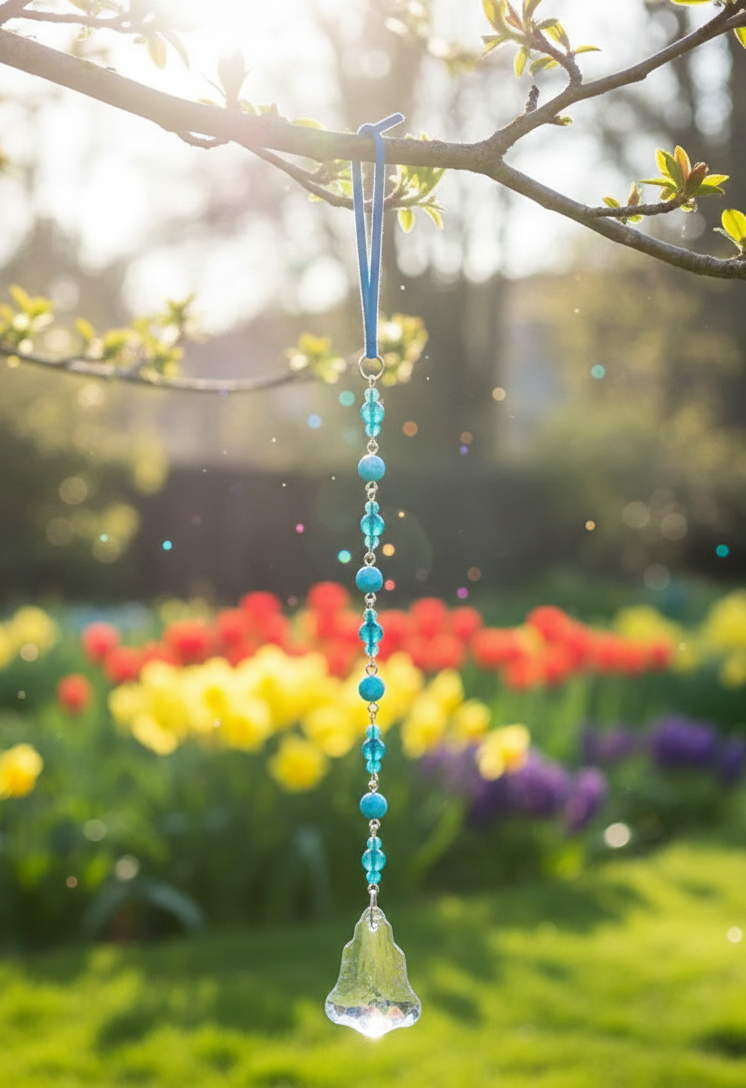 Long Glass Crystal and Blue Gemstone Beaded Suncatcher