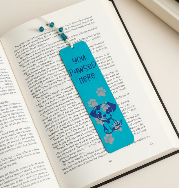 Handmade Wooden Teal You Pawsed Here Dog Bookmark
