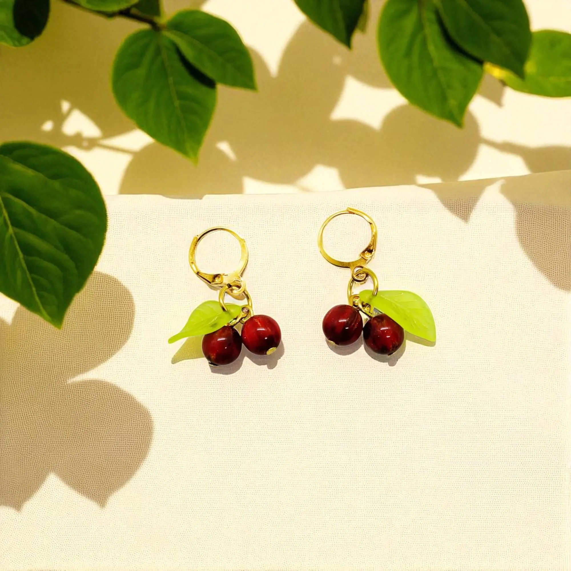 Playful Red Cherry Charm Gold Plated Drop Earrings 