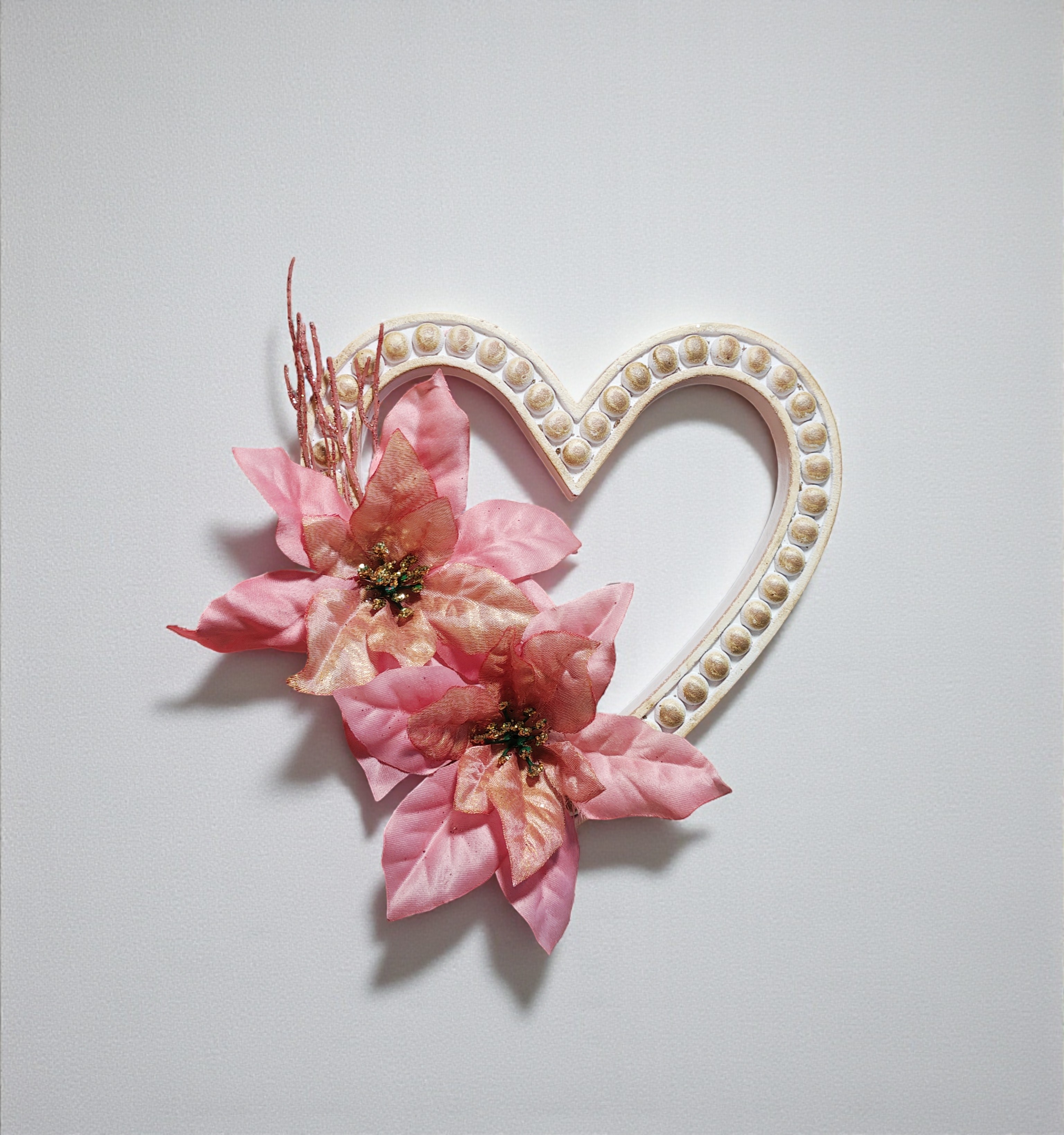 Rustic Christmas Gold & Pink Poinsettia Heart Door Hanger