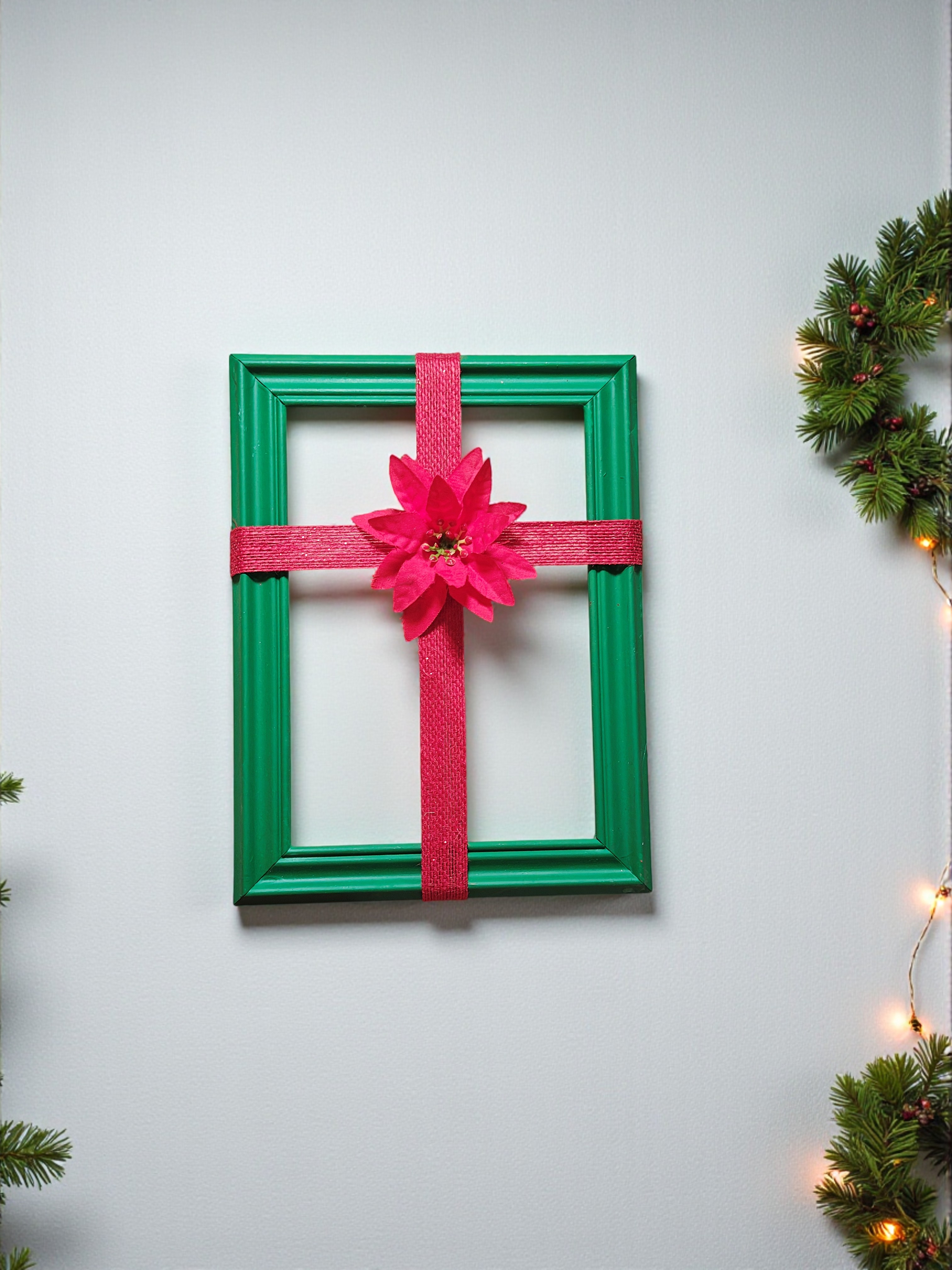 Christmas Ribbon Cross Frame Wall Hanging with Poinsettia