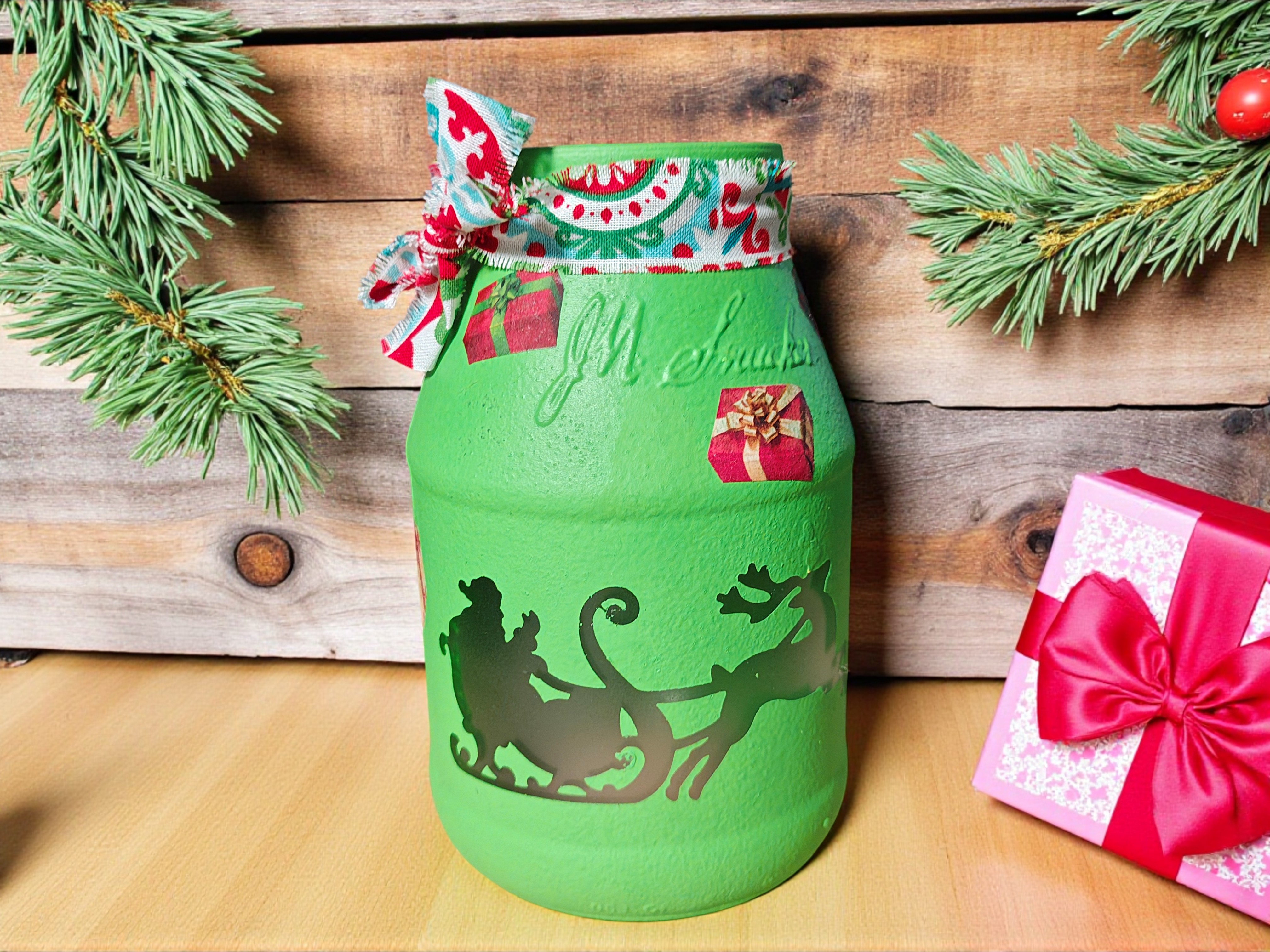 Santa Sled Glass Jar Tealight Candle Holder