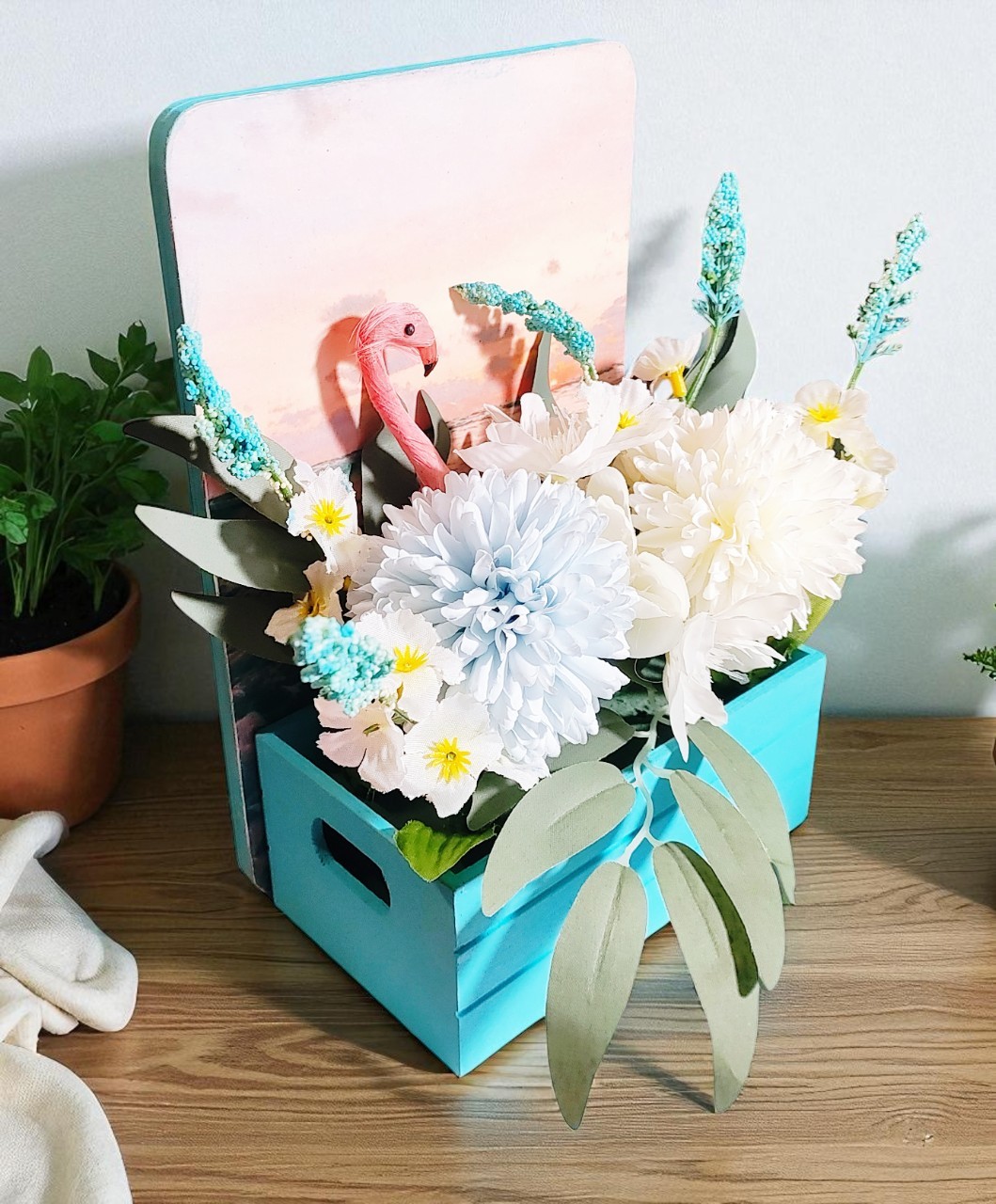 Summer Artificial Flower Arrangement in Wooden Decoupaged Planter