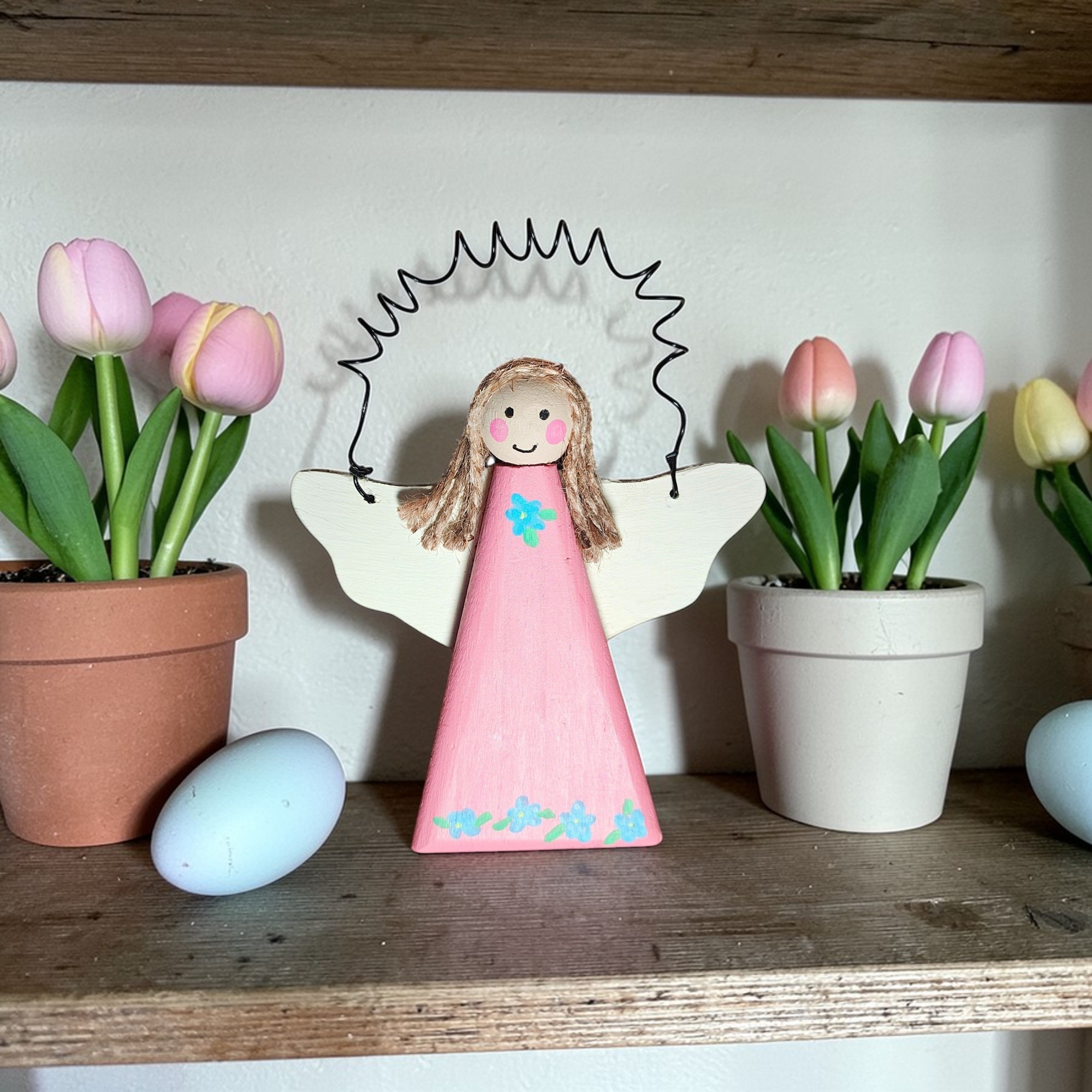 Wooden Spring Floral Angel Ornament