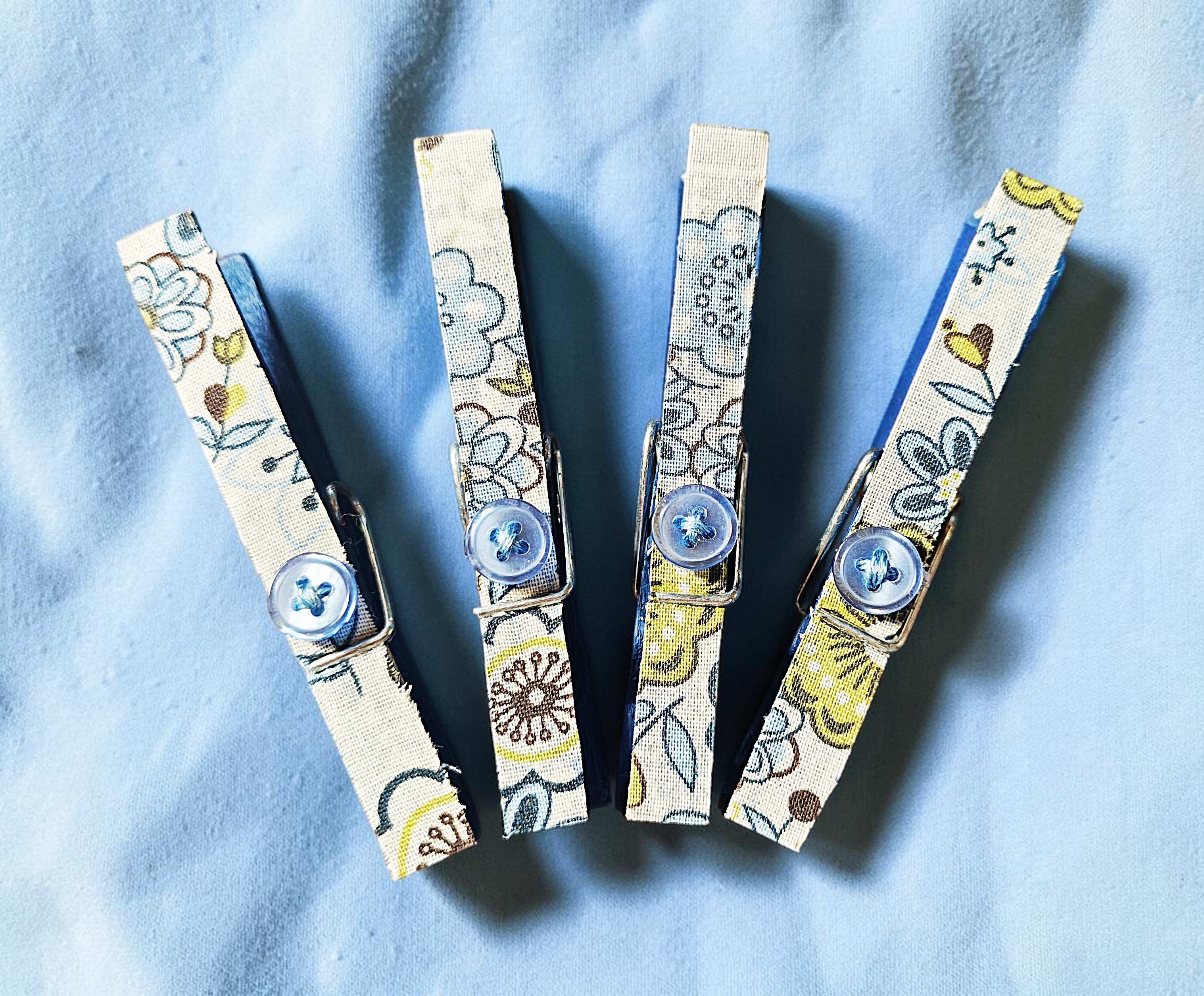 Set of 4 Handmade Fabric-Covered Wooden Clothespins with Buttons