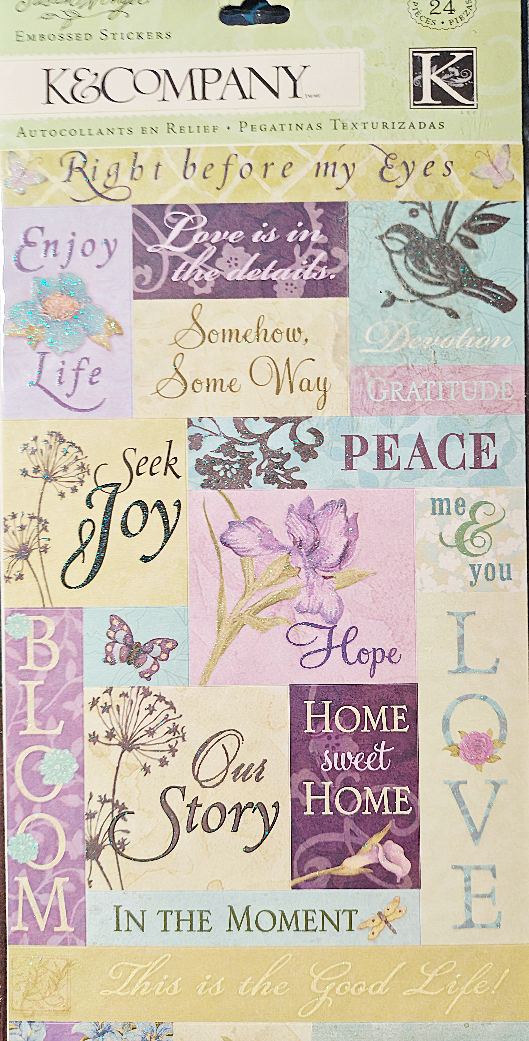 K&Company Susan Winget Embossed Stickers – Inspirational Floral Quotes, 24 Pieces