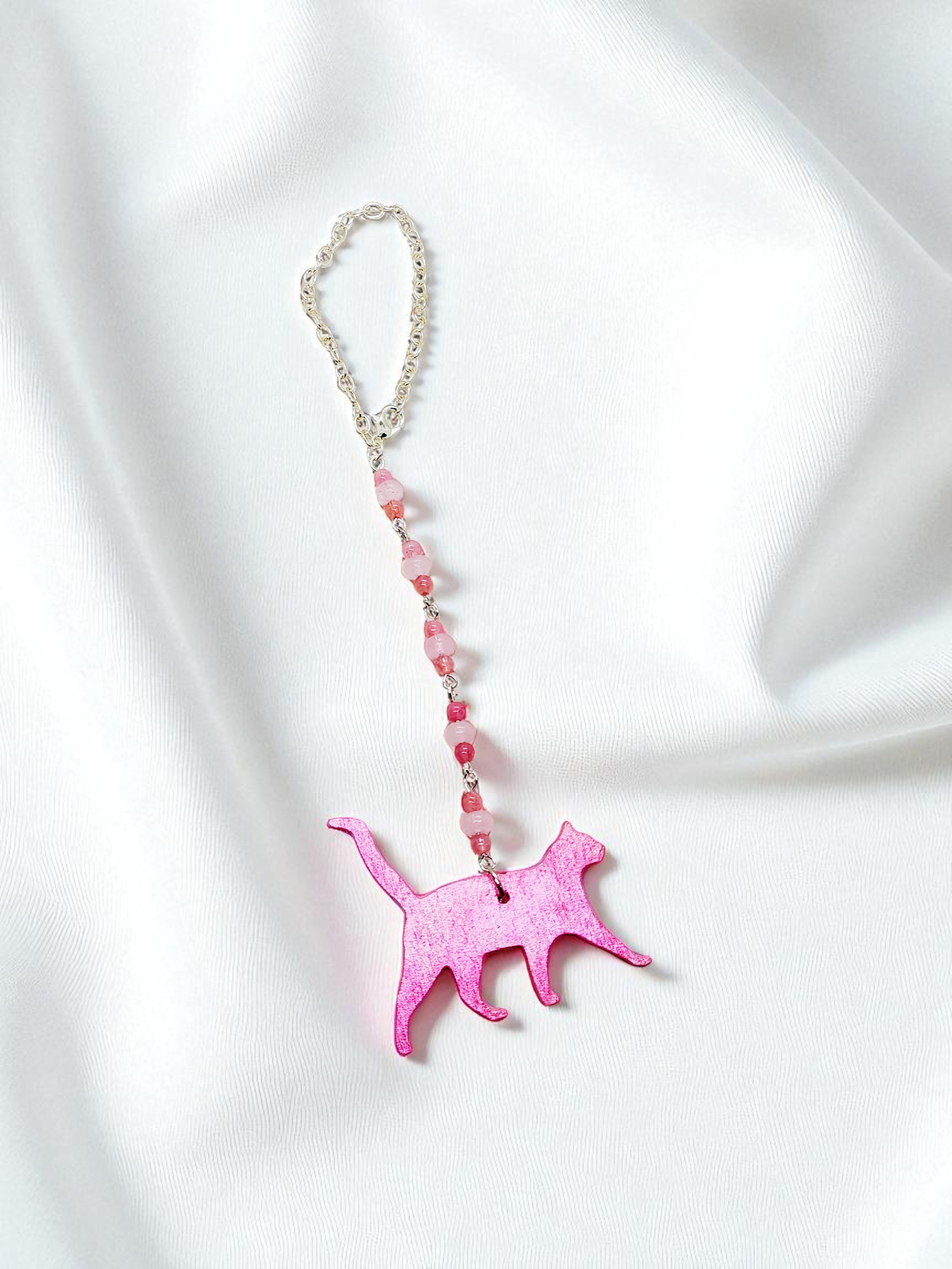 Pink Cat Beaded Gemstone Hanging Rearview Mirror Car Charm