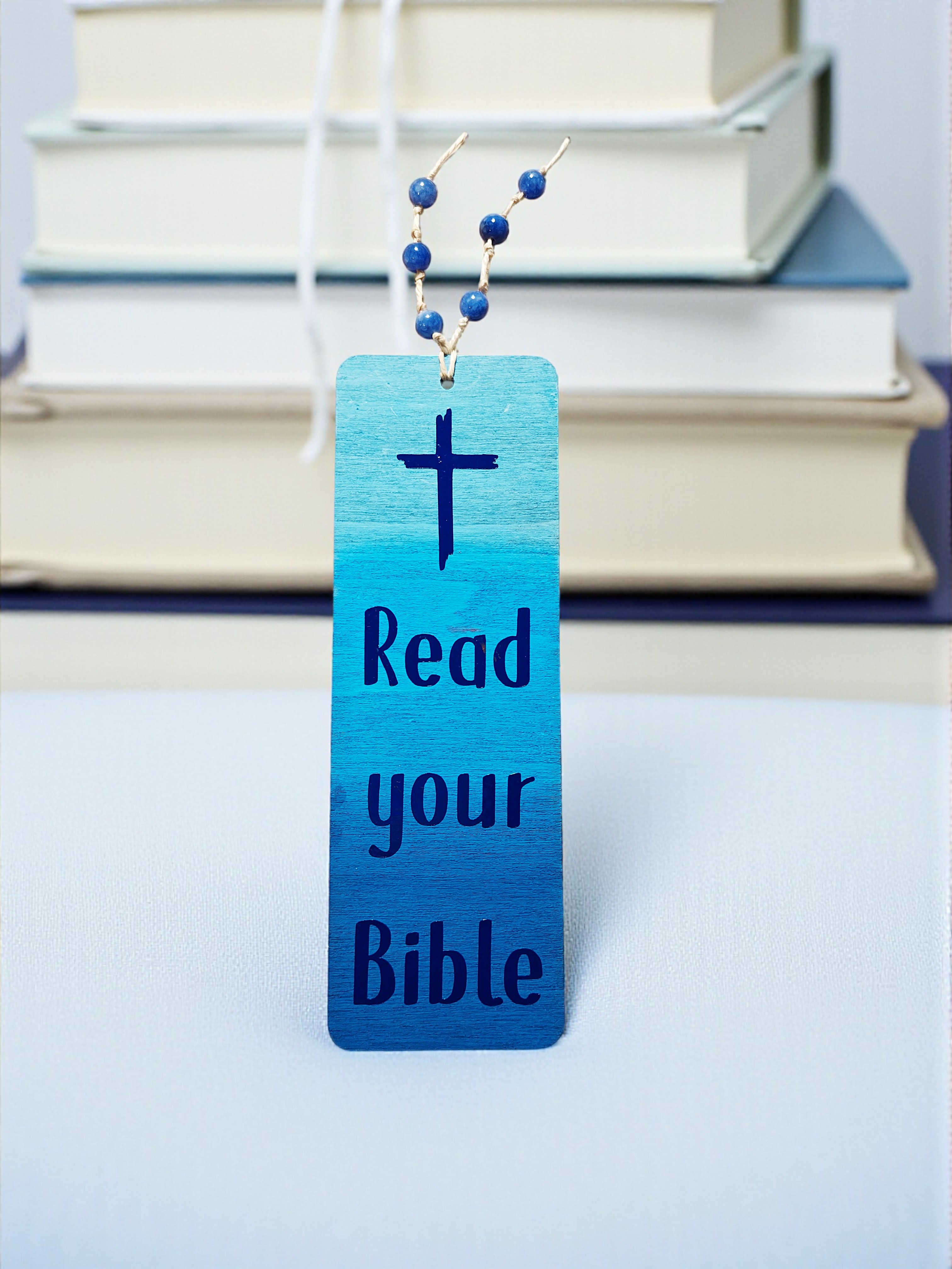 Handmade Blue Wooden Read Your Bible Yellow Bookmark