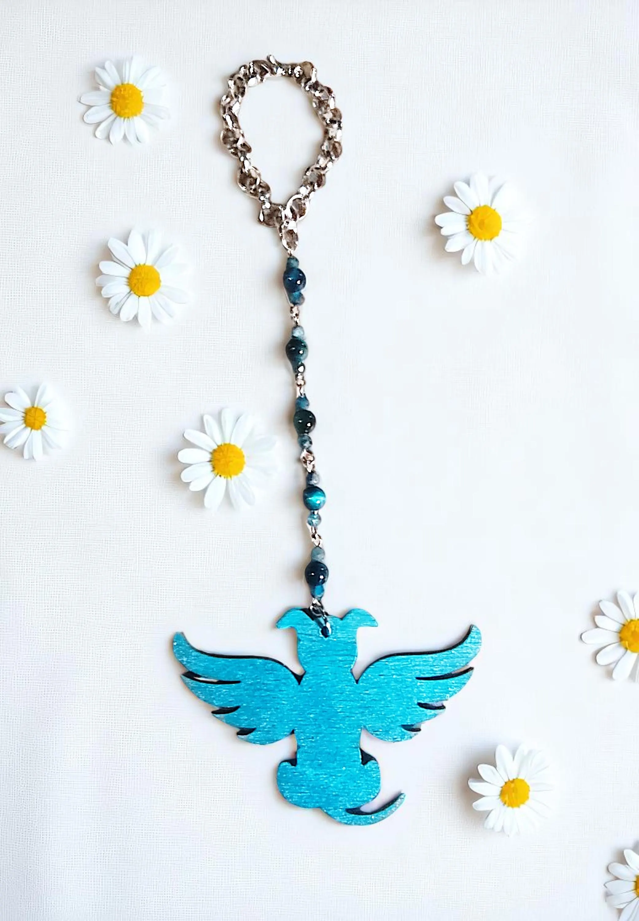 Blue Dog Angel and Beaded Gemstone Hanging Rearview Mirror Car Charm - New Car Gift 