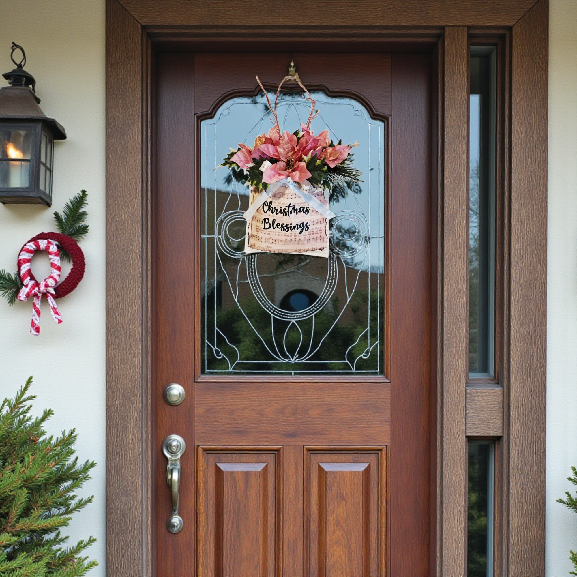 Rustic Christmas Blessings Gold & Pink Poinsettia Door Hanger