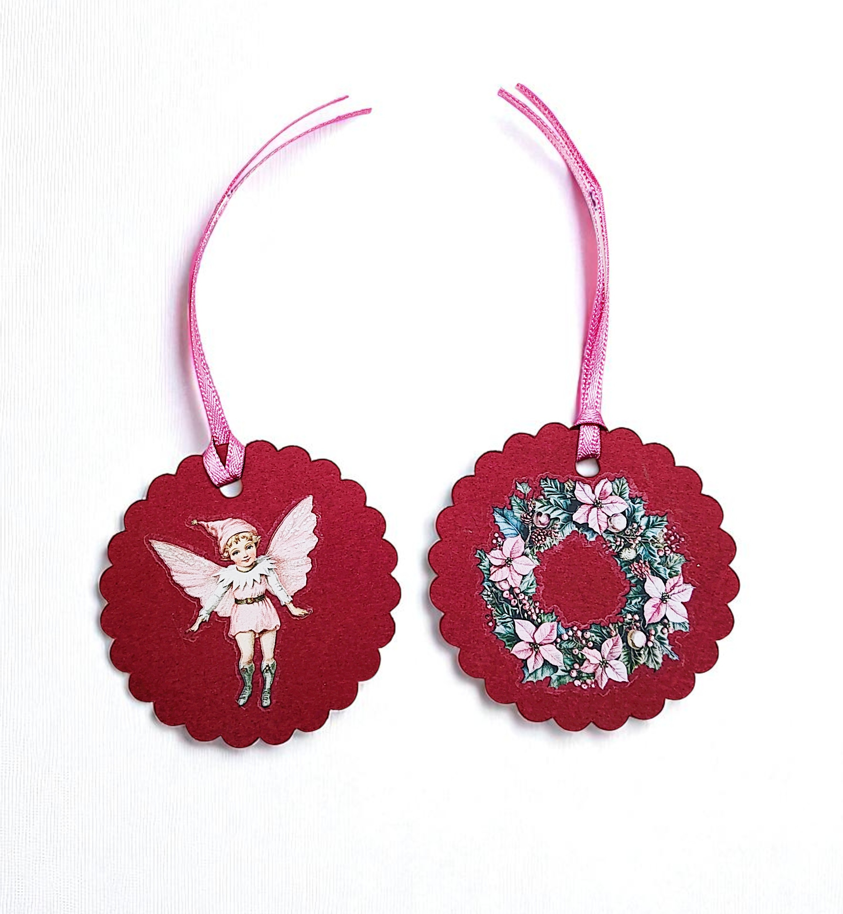 Whimsical Pink Christmas Gift Tags with Ribbon - Set of 8