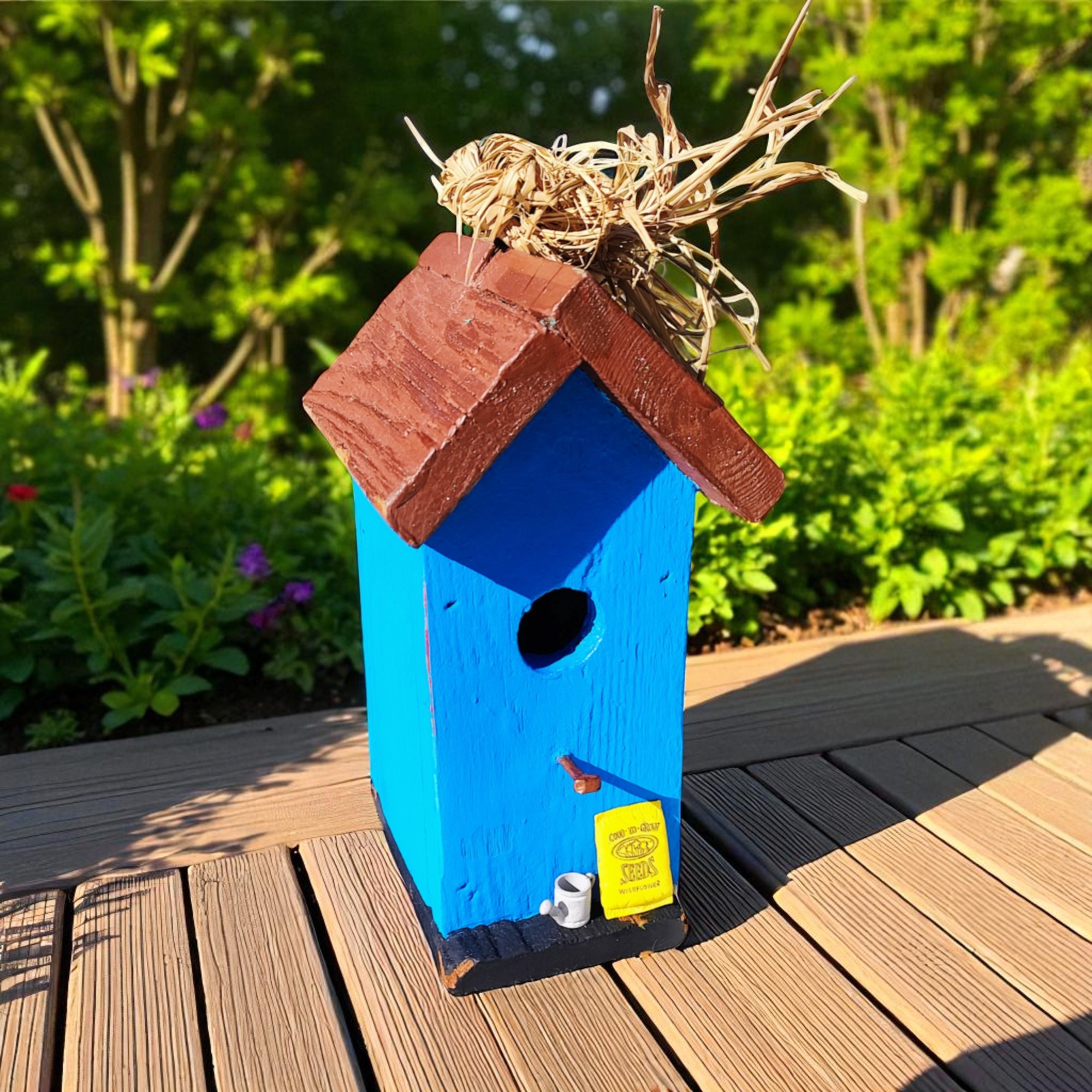 Wooden Rustic Blue Birdhouse with Gardening Theme