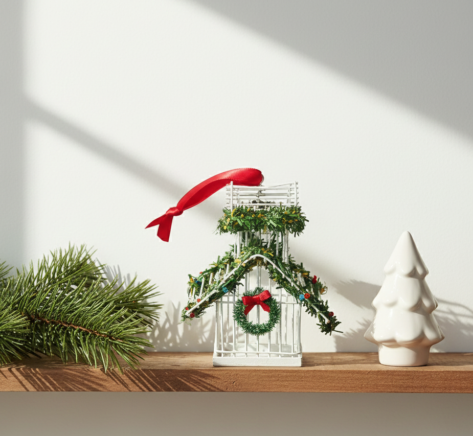 White Wire Bird Cage Christmas Tree Ornament 