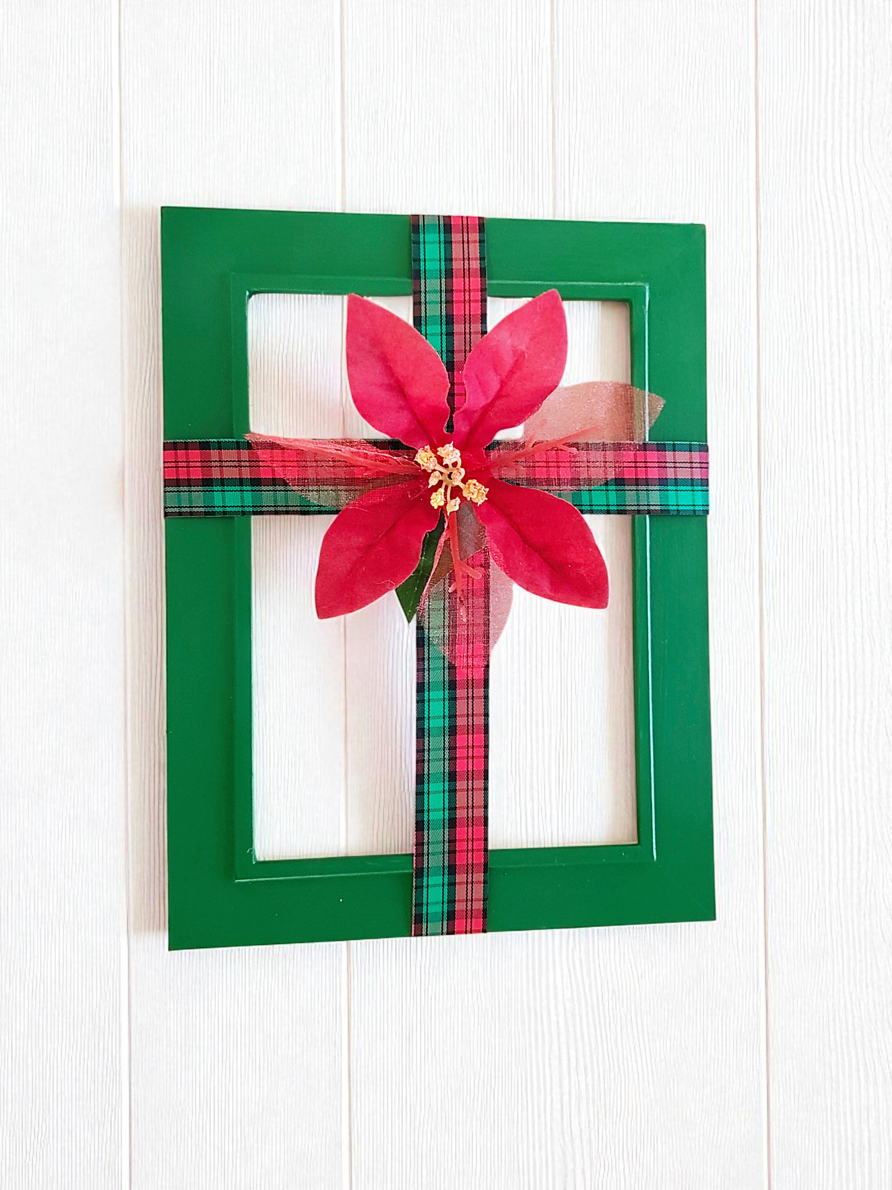 Christmas Ribbon Cross Frame Wall Hanging with Poinsettia