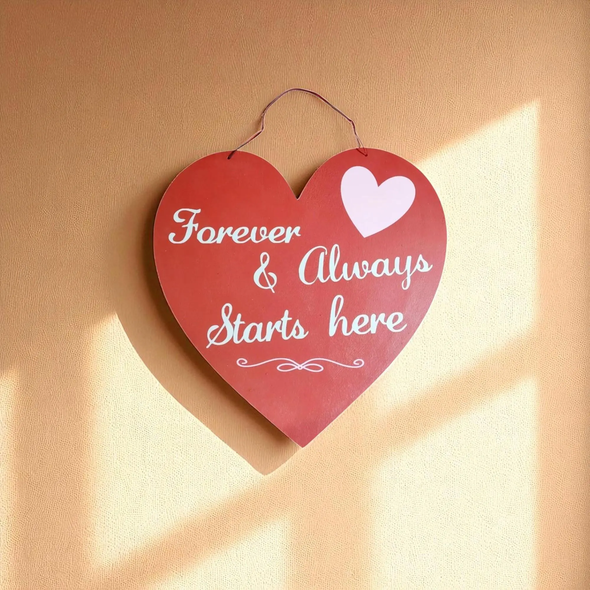 Large Wooden Heart Shaped Forever & Always Starts Here Door Hanging Sign