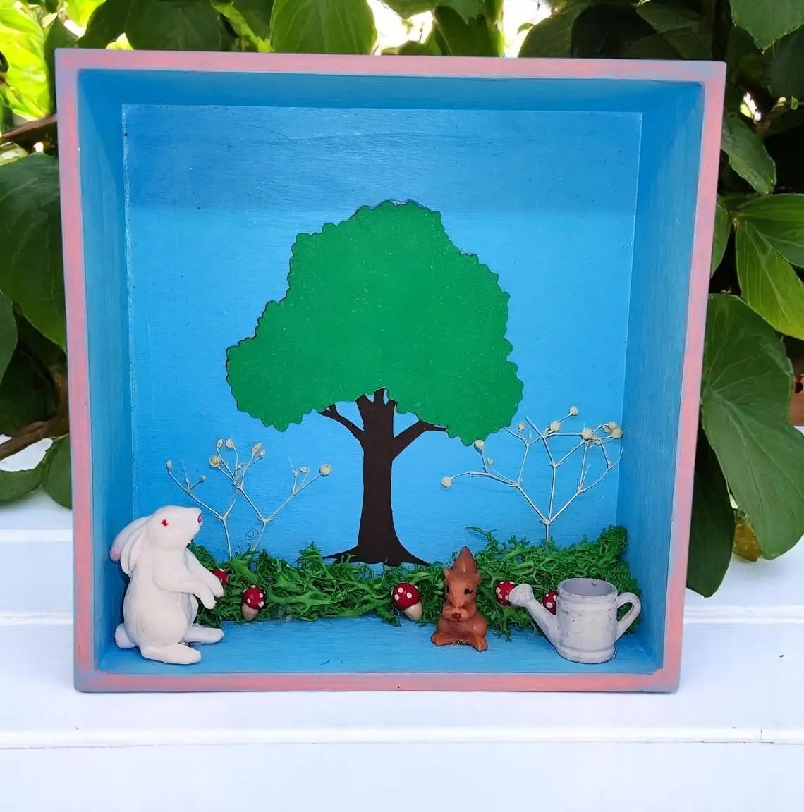 Spring Scene Shadow Box Shelf Sitter with Miniature Garden Scene 