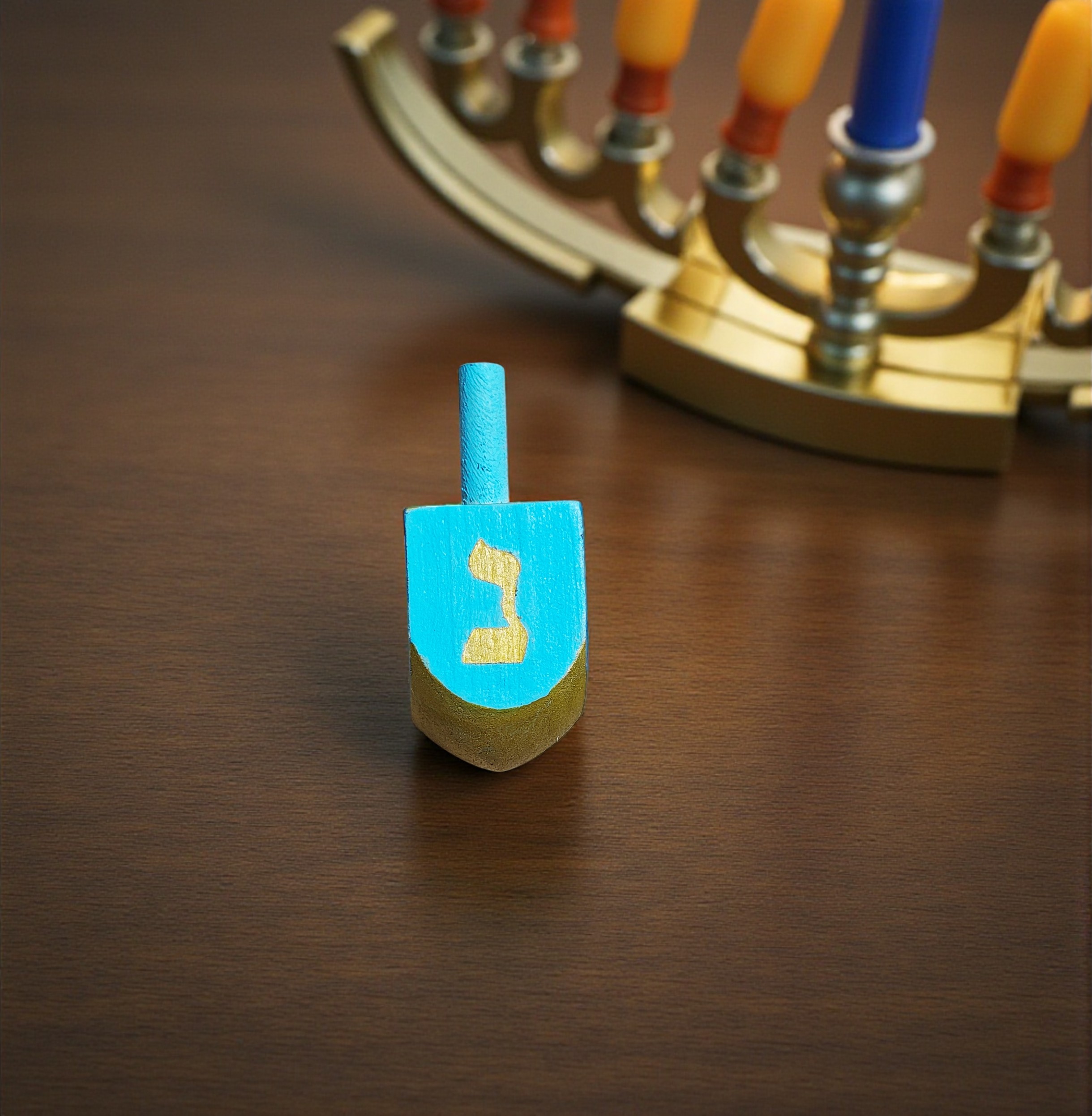 Hand Painted Wooden Blue & Gold Hanukkah Dreidel Game
