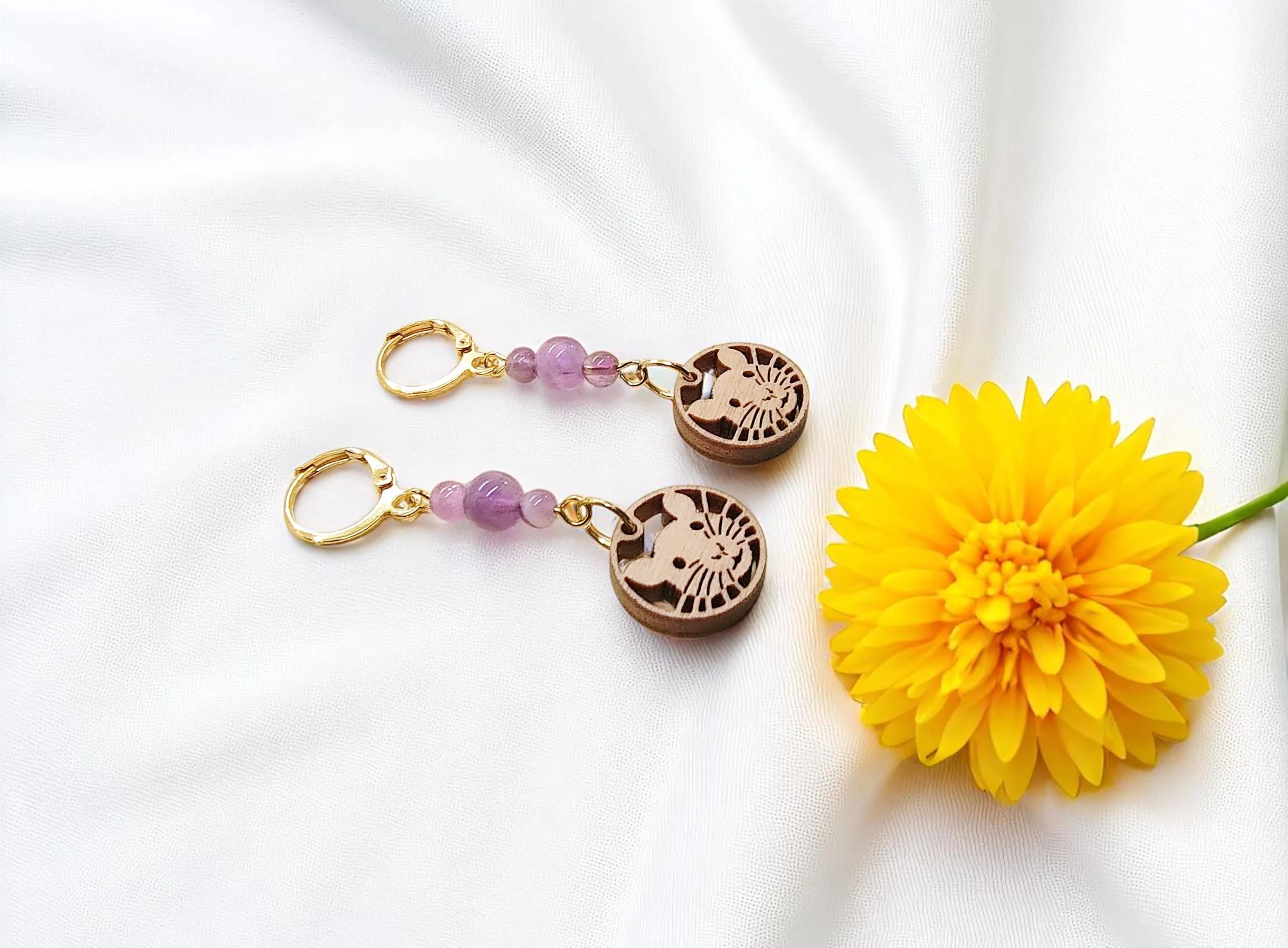 Handcrafted Cute Rat Wooden Rat Charm & Amethyst Gemstone Dangle Earrings