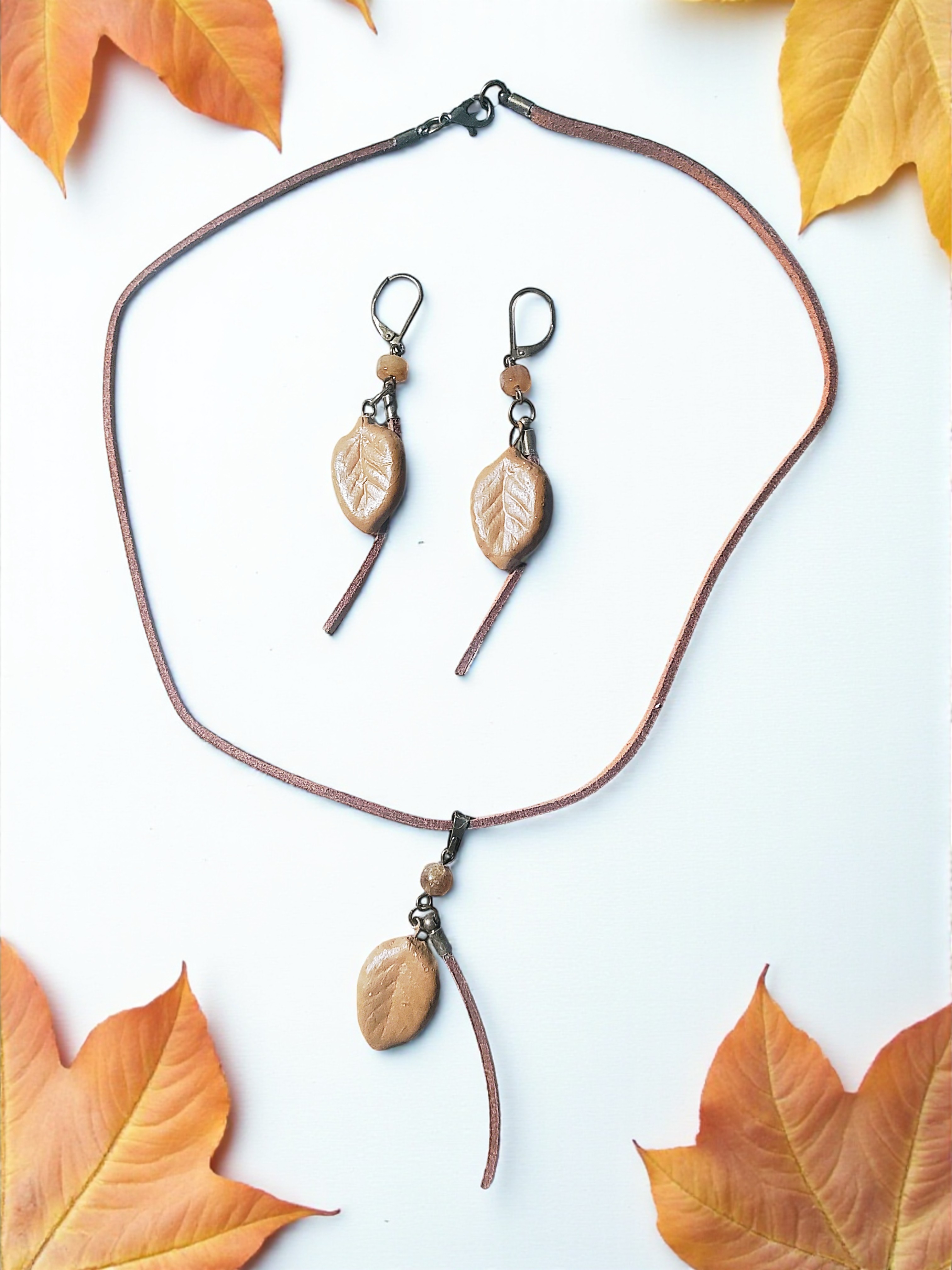 Bronze Autumn Leaf, Gemstone, & Suede Jewelry Set