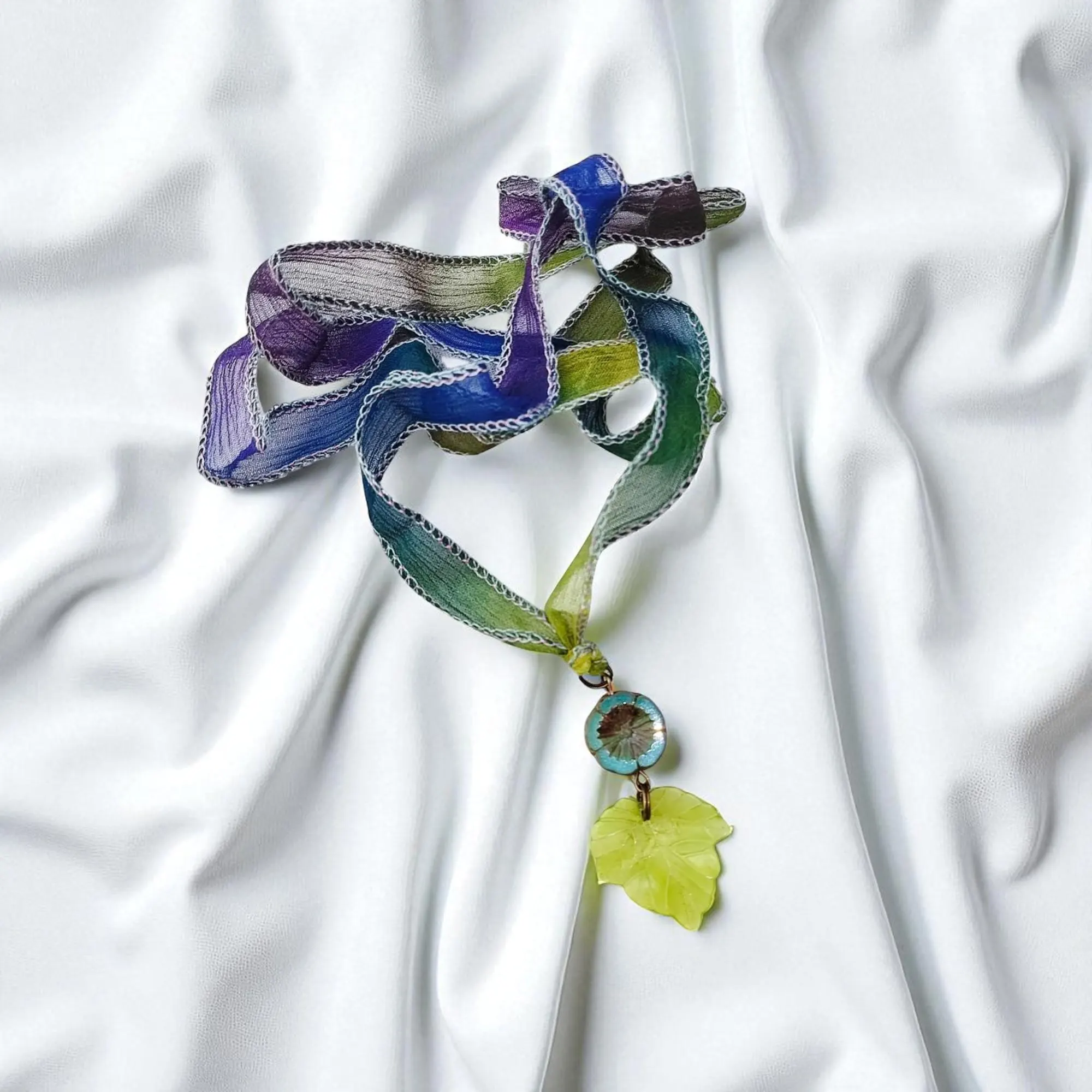 Purple & Green Leaf Bohemian Silk Wrap Ribbon Bracelet 