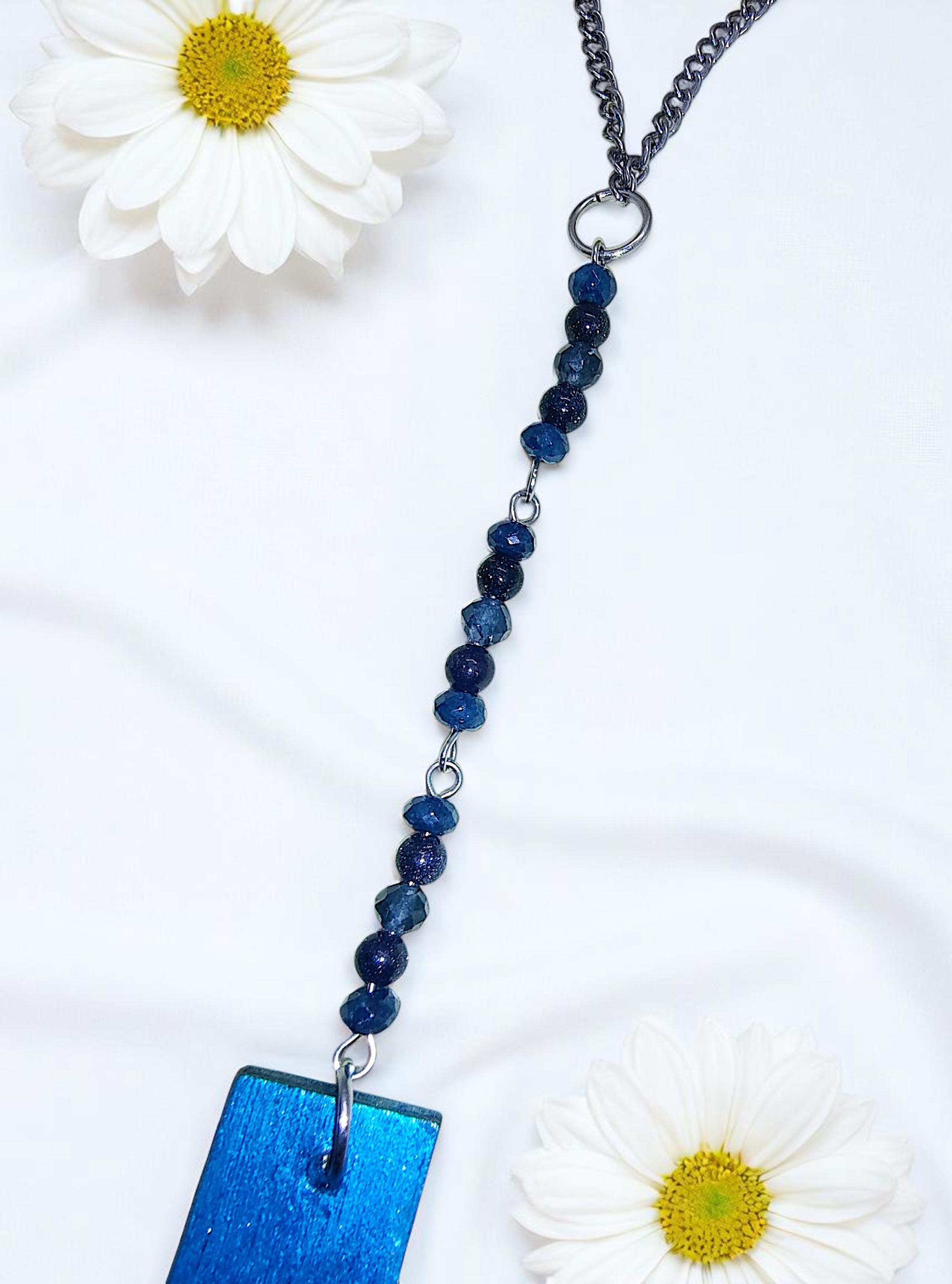 Wooden Blue Christian Cross & Gemstone Hanging Rearview Mirror Car Charm 