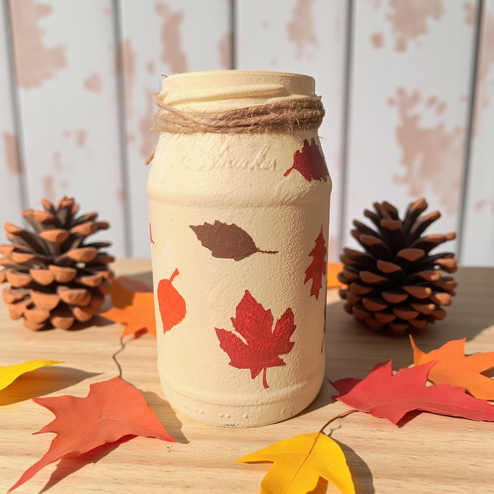 Hand Painted Autumn Leaves Glass Jar Tealight Candle Holder