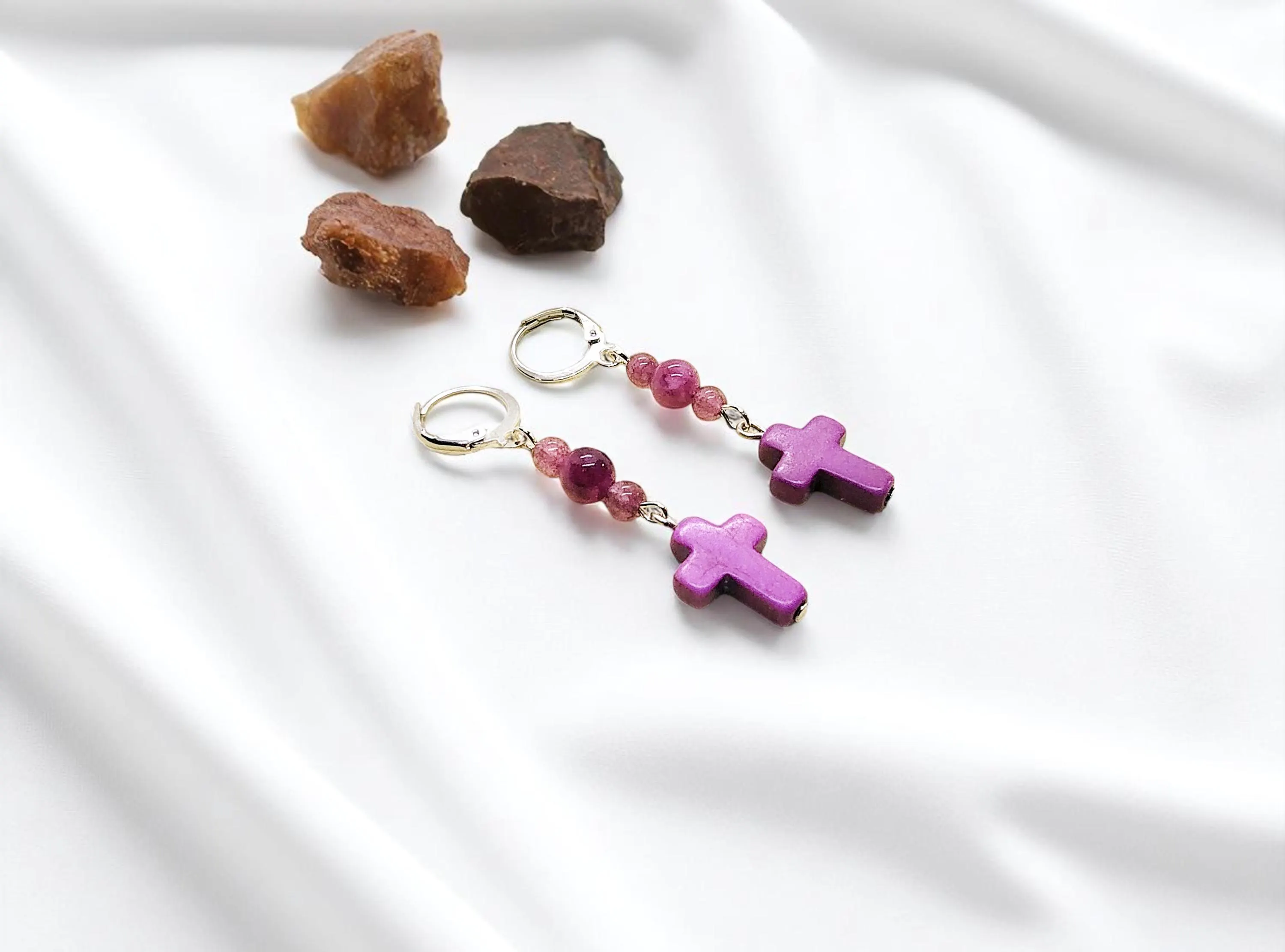 Religious Christian Gemstone Cross Dangle Earrings with Lever Backs
