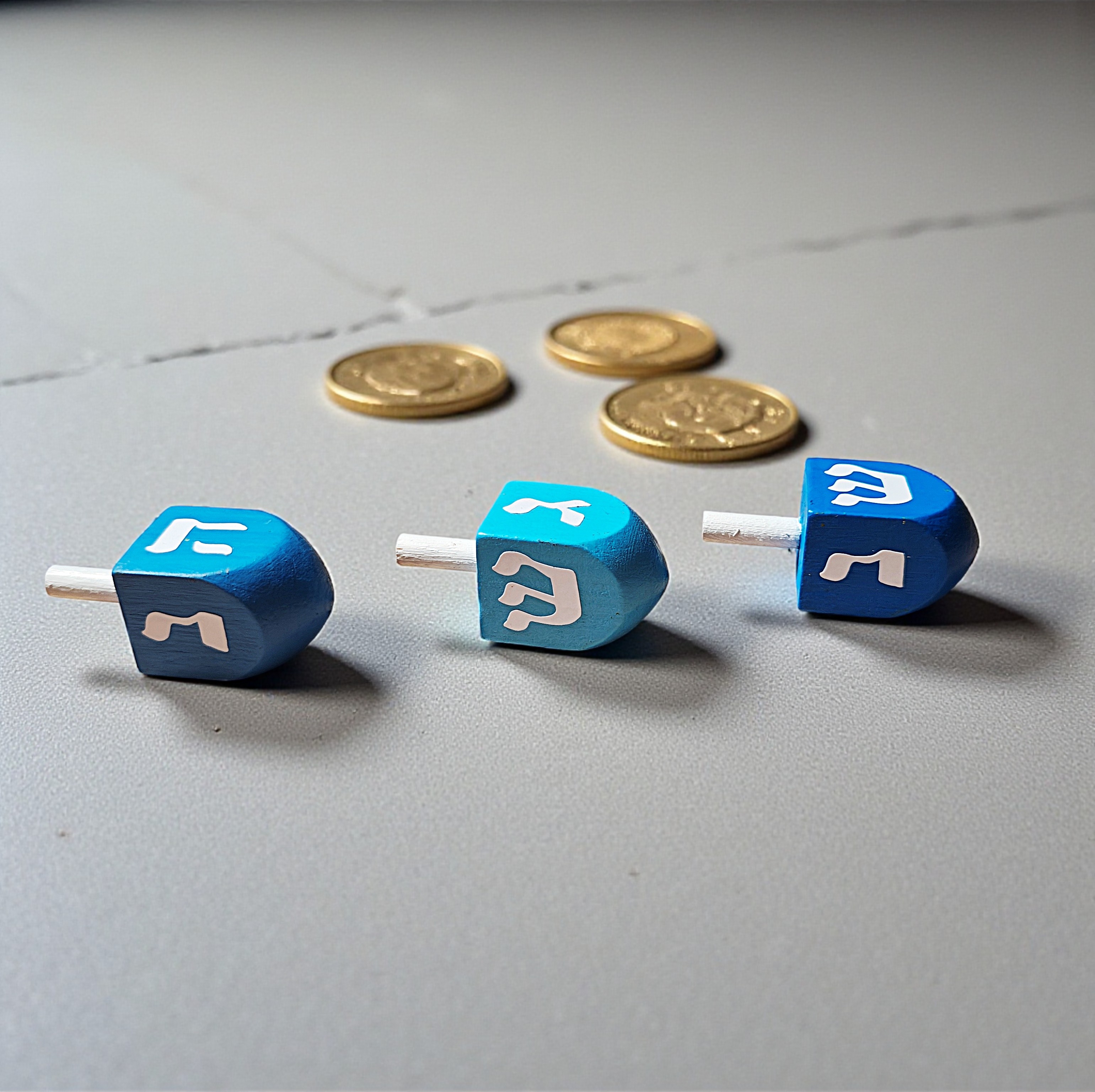 Hand Painted Wooden Blue Hanukkah Dreidel Game Set of 3