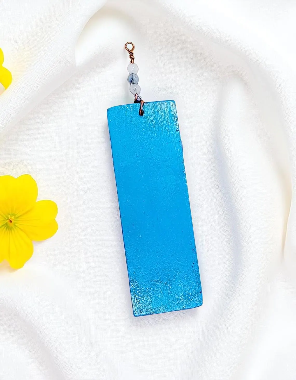 Large Wooden Blue Cloud Sky Background Rectangular Beaded Stone Pendant 