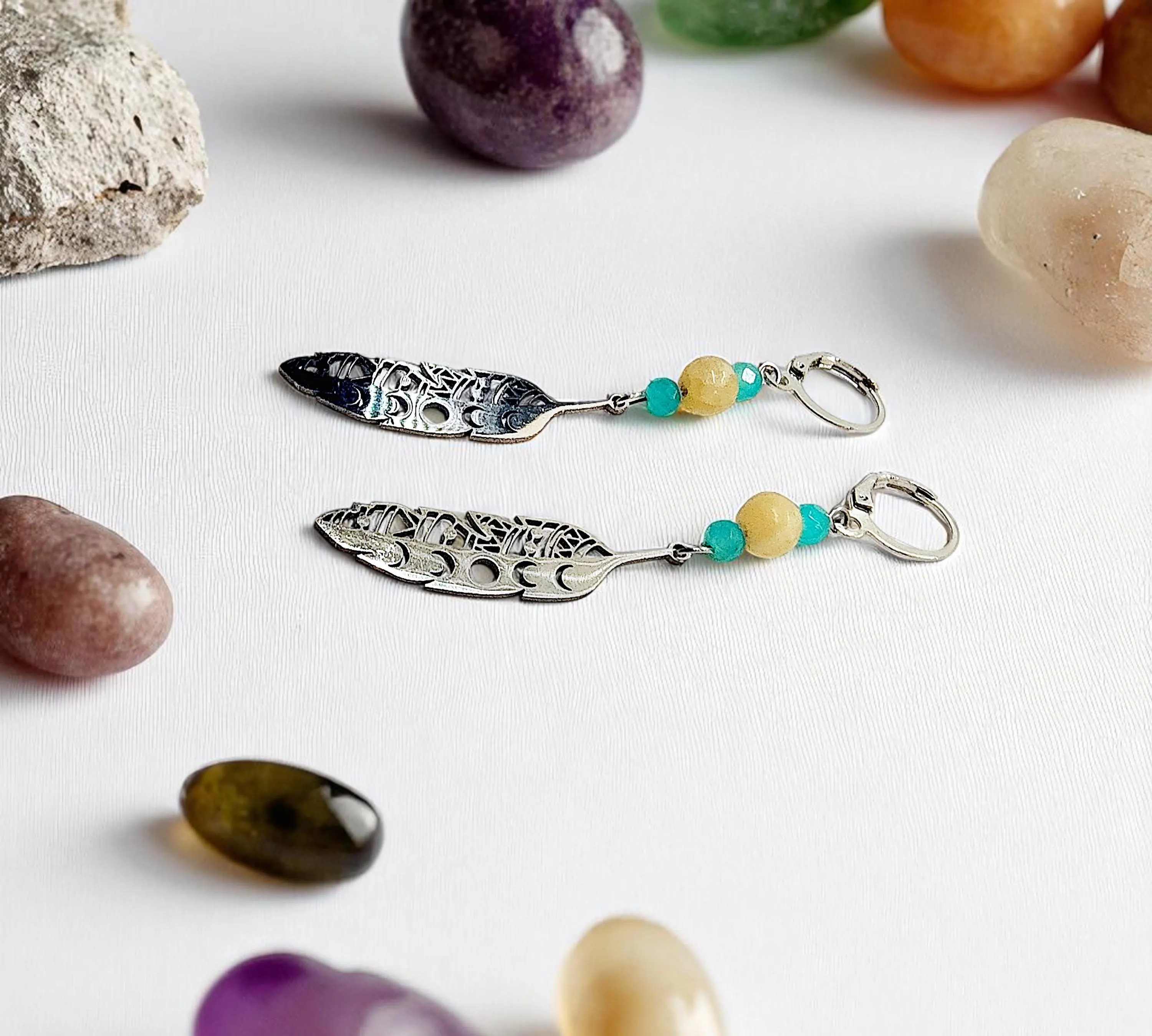Boho Feather Gemstone Dangle Earrings