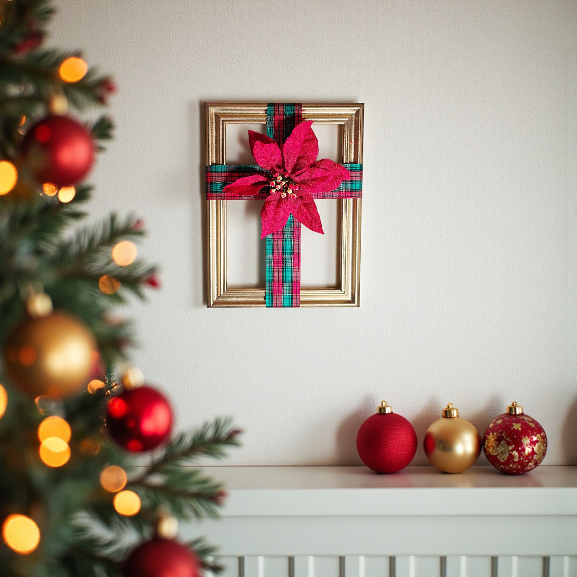 Gold Christmas Ribbon Cross Frame Wall Hanging with Poinsettia
