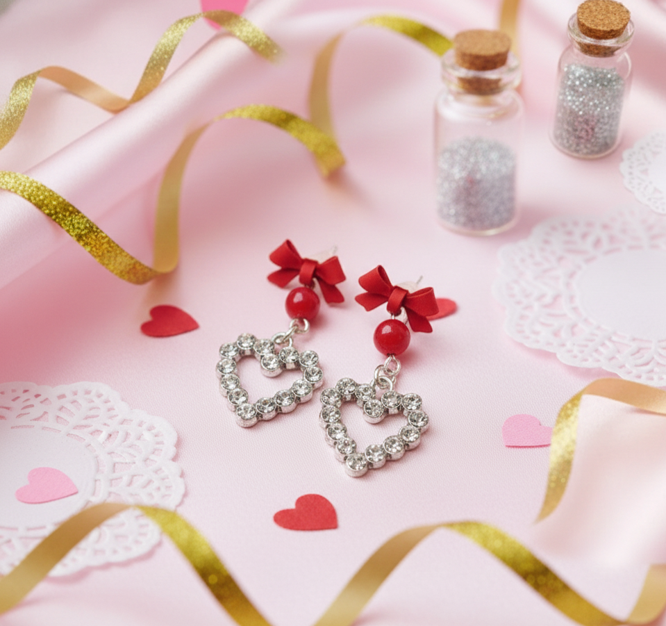 Handcrafted Rhinestone Heart & Red Gemstone Post Bow Earrings 