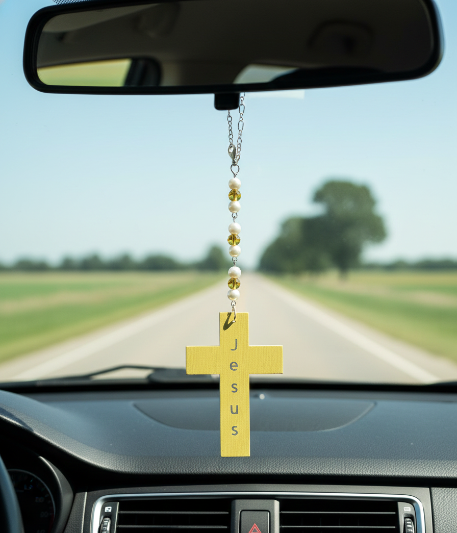 Wooden Christian Cross & Pearl, Citrine Gemstone Rearview Mirror Car Charm