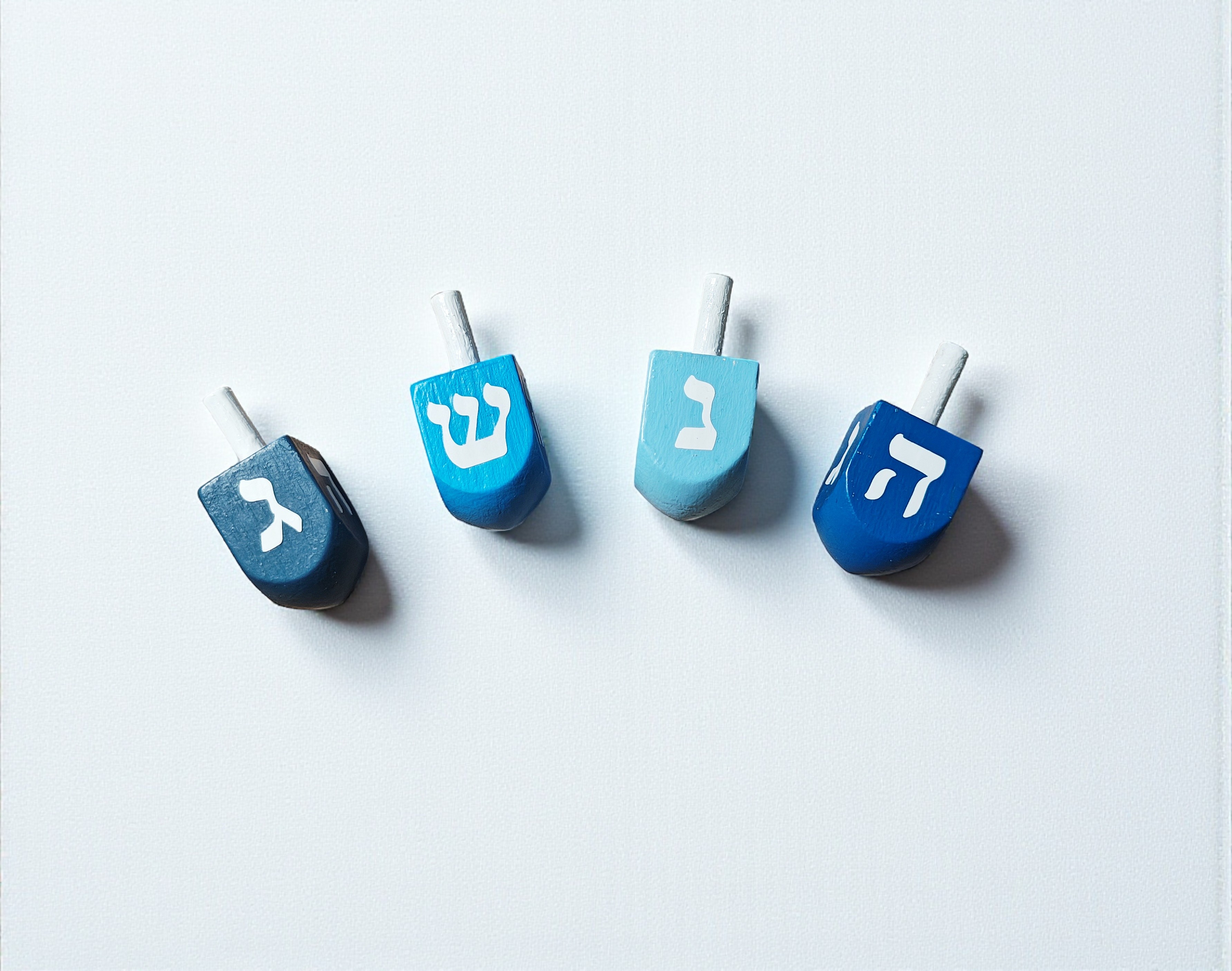 Hand Painted Wooden Blue Hanukkah Dreidel Game Set