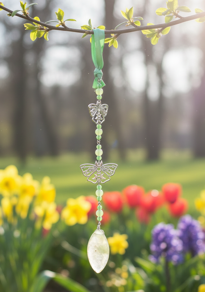 Hanging Beaded Green Gemstone Suncatcher with Butterflies