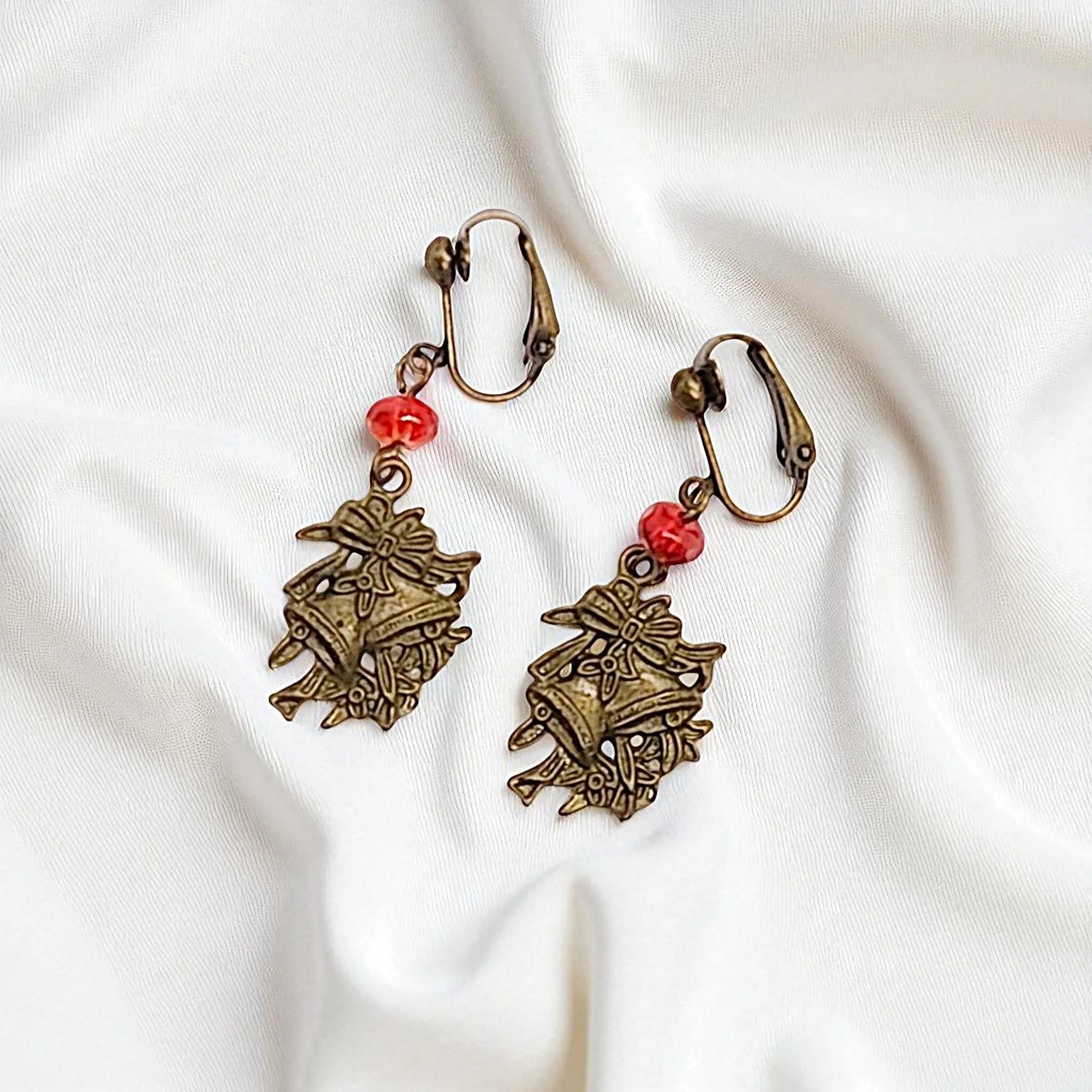Bronze Christmas Dangle Clip on Earrings 