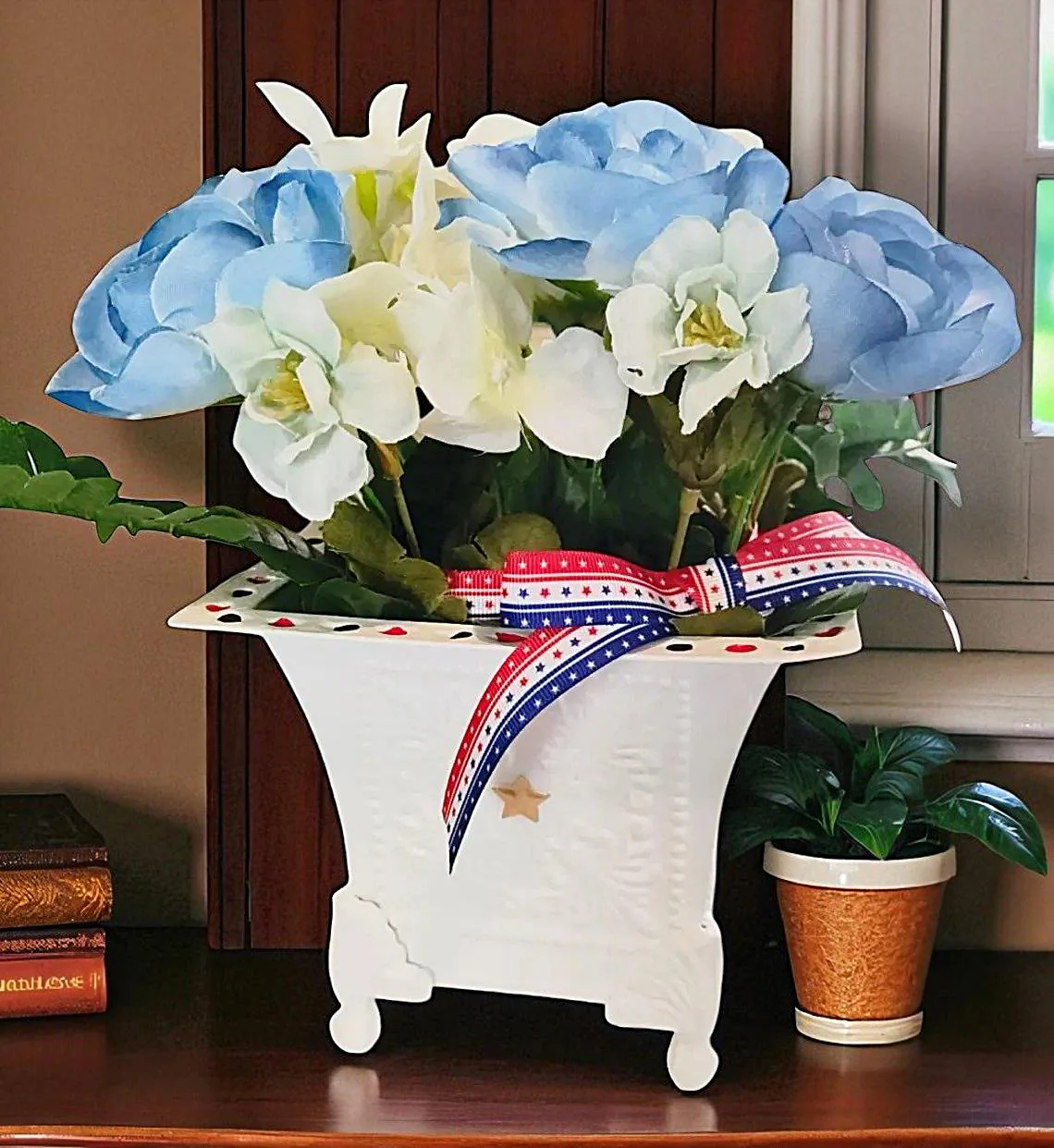 Patriotic Artificial Flower Arrangement in Metal Planter 