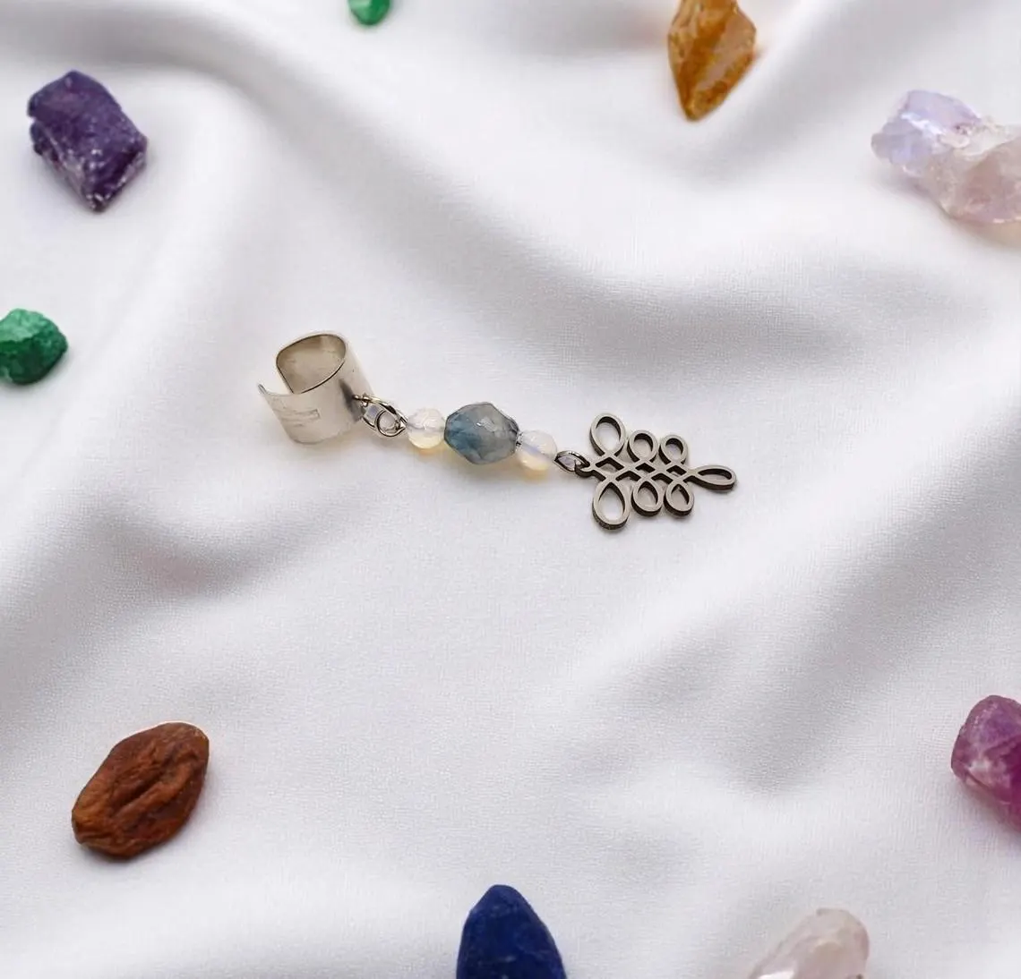 Handcrafted Ear Cuff with Dangling Gemstones & Charm