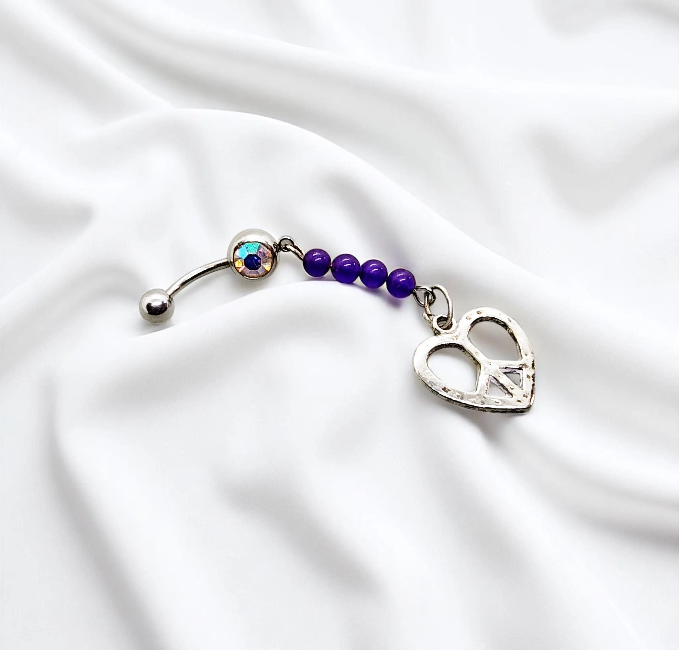 Heart Shaped Peace Sign & Purple Gemstone Belly Ring Body Jewelry - 14 G