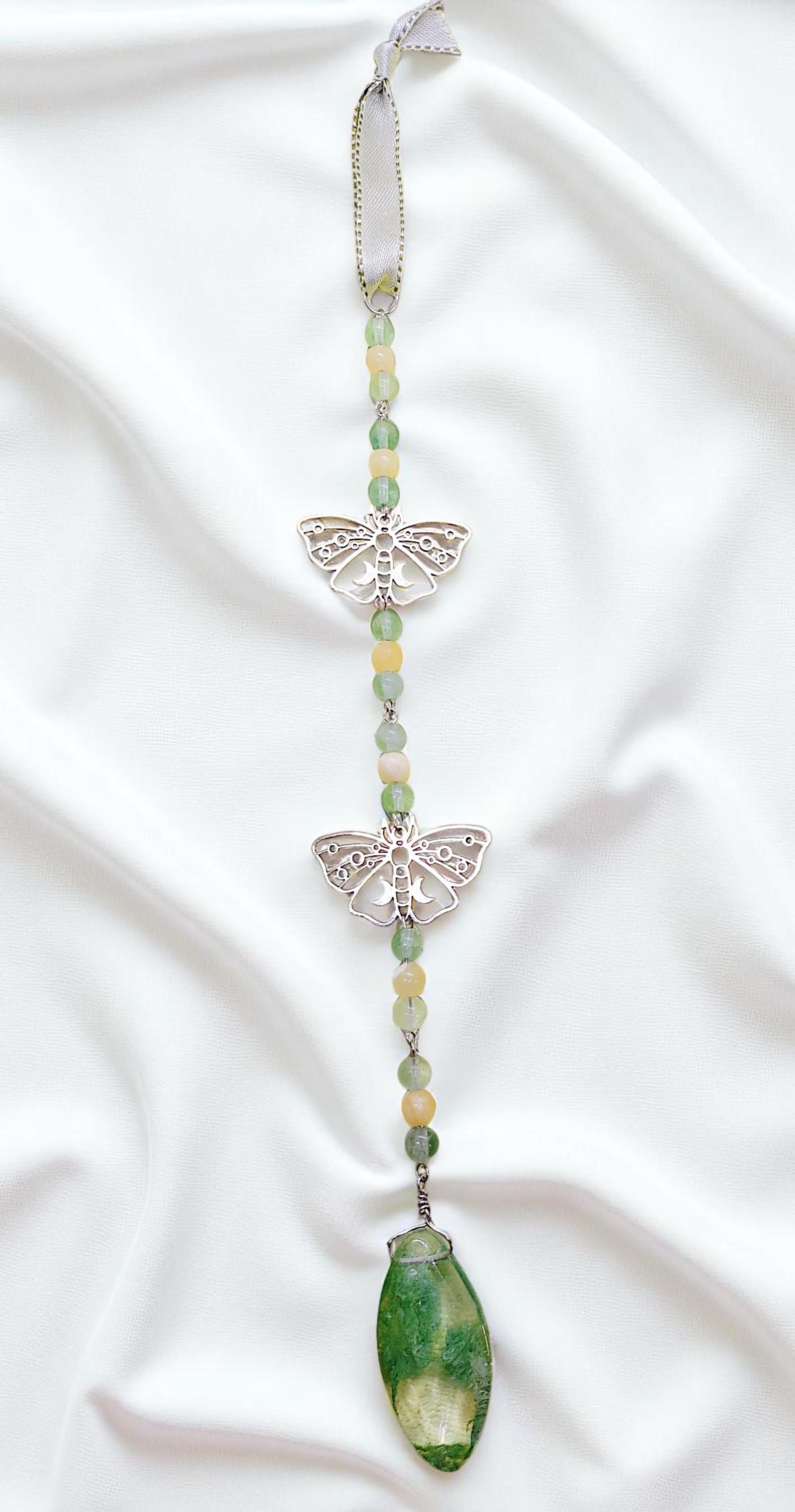 Hanging Beaded Green Gemstone Sun Catcher with Butterflies