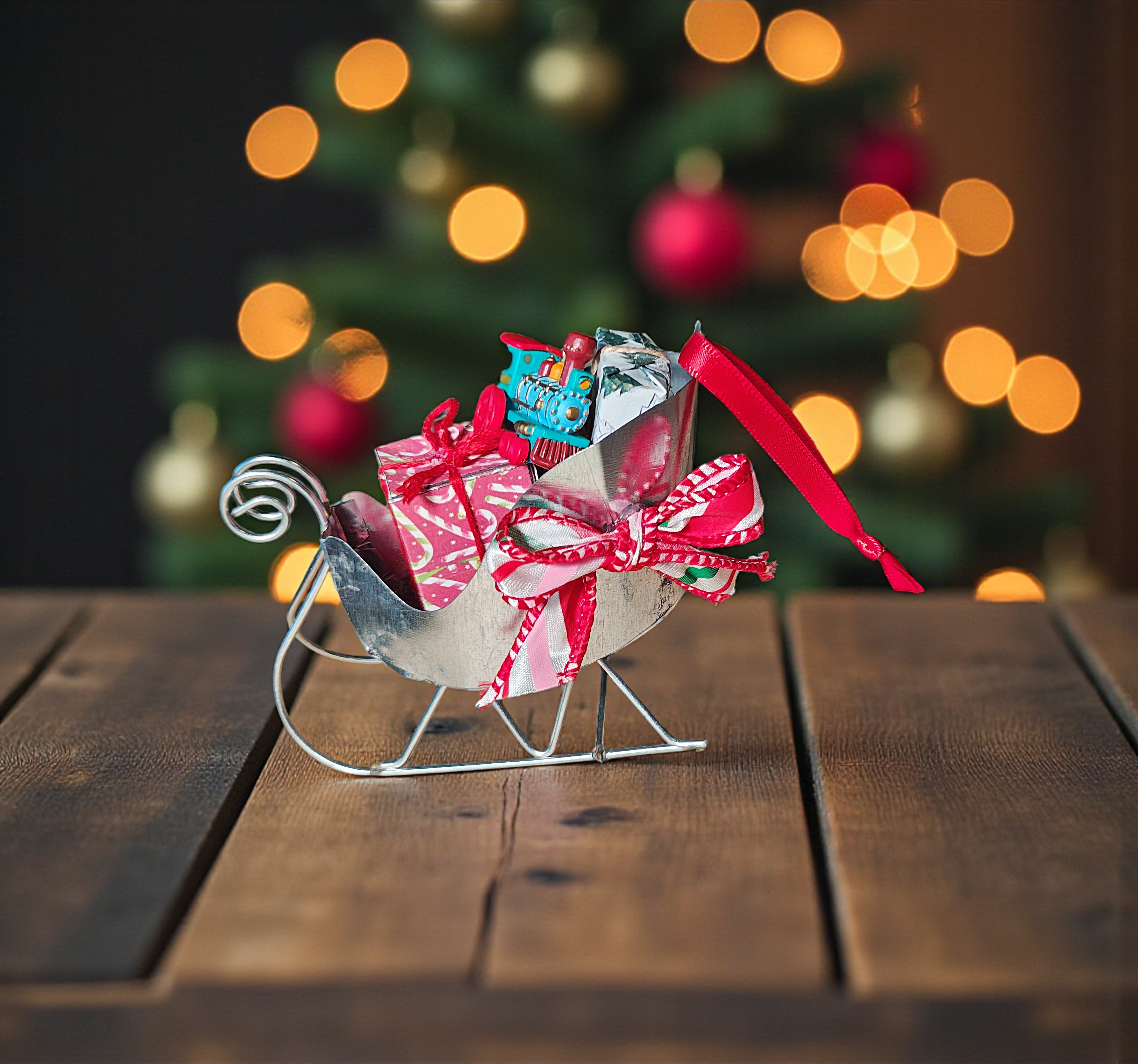 Mini Santa Sleigh Ornament with Gifts & Train