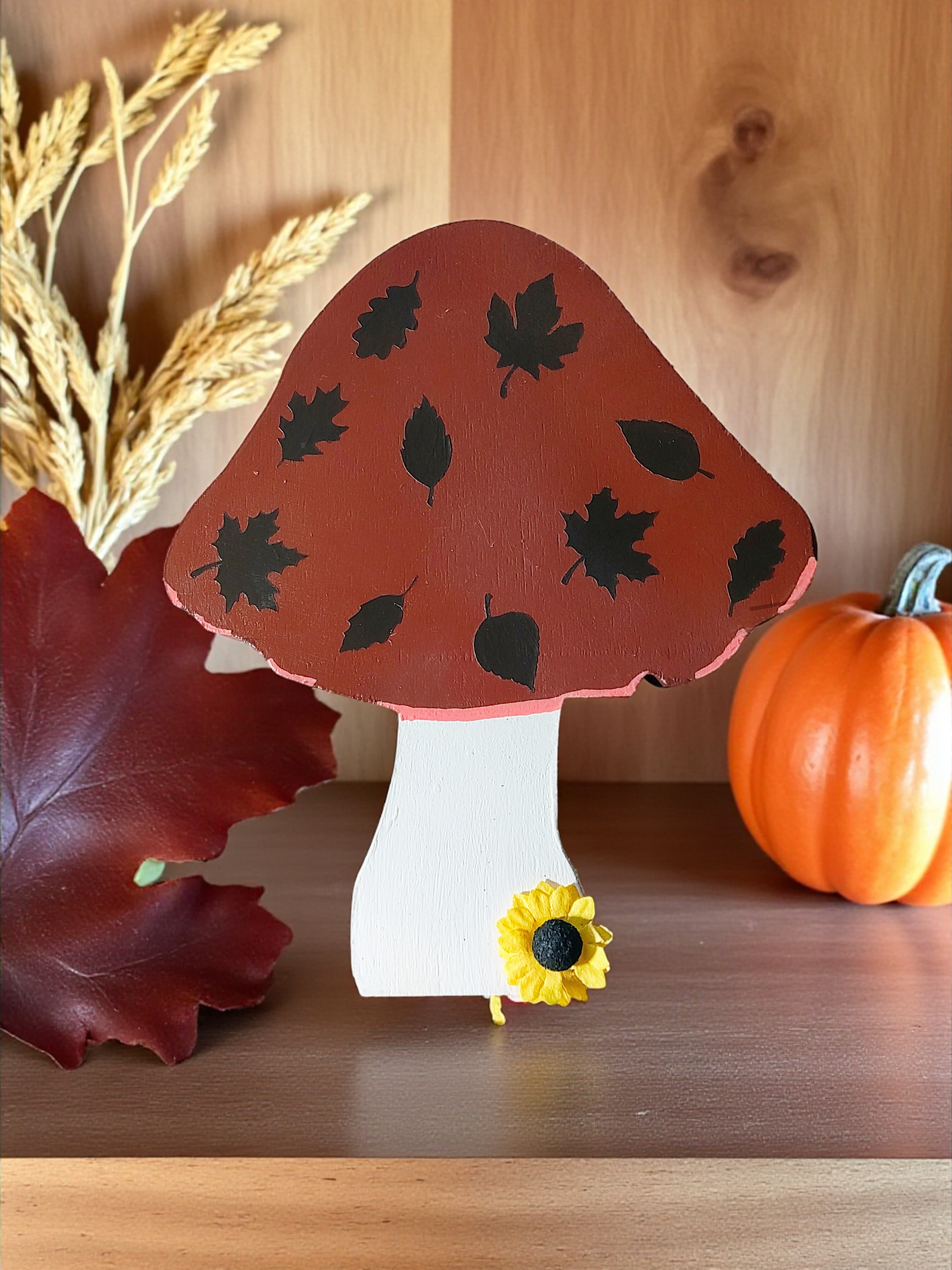 Free Standing Wooden Autumn Leaves Mushroom Figurine