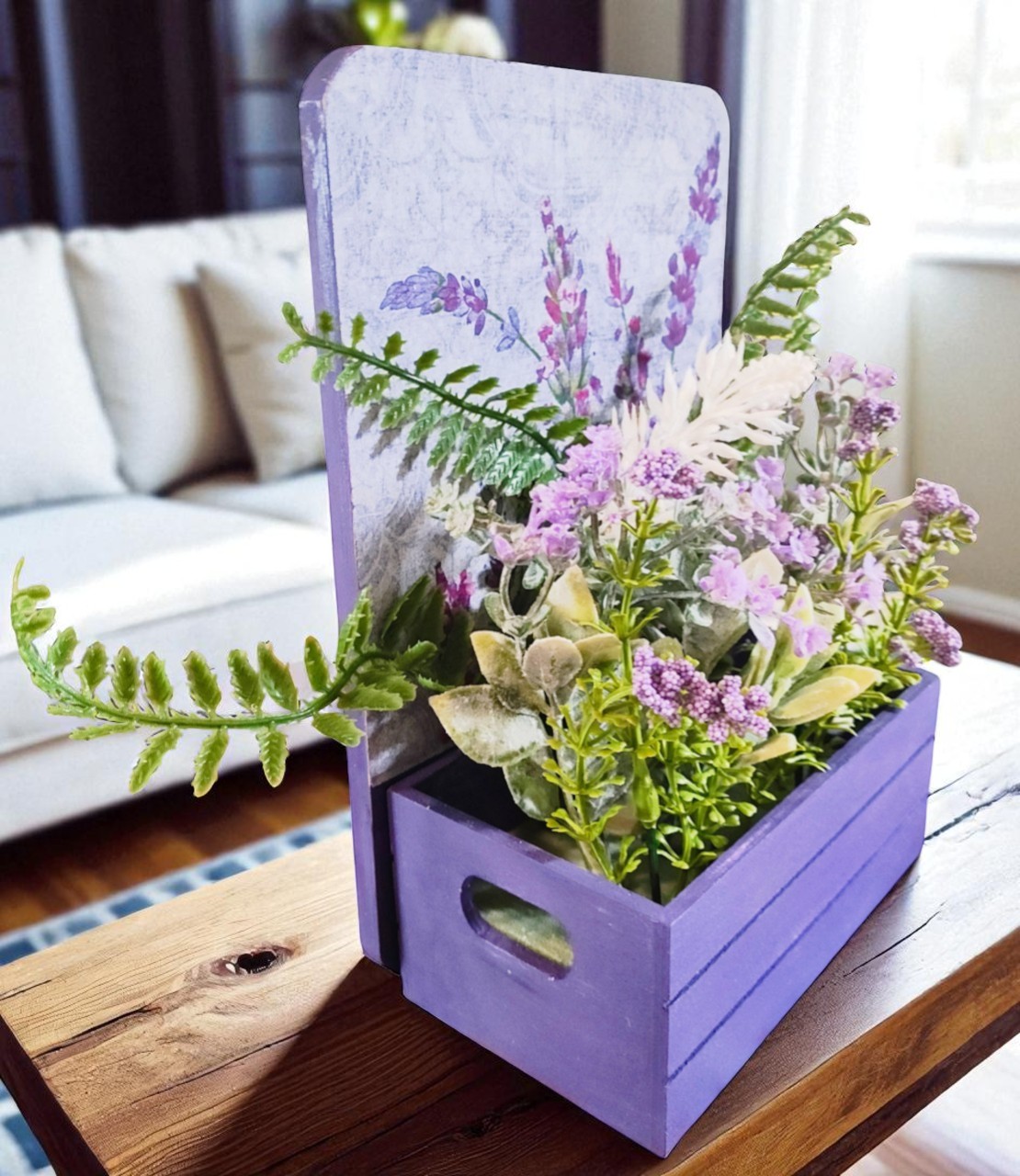 Artificial Flower Arrangement in Purple Wooden Decoupaged Planter 