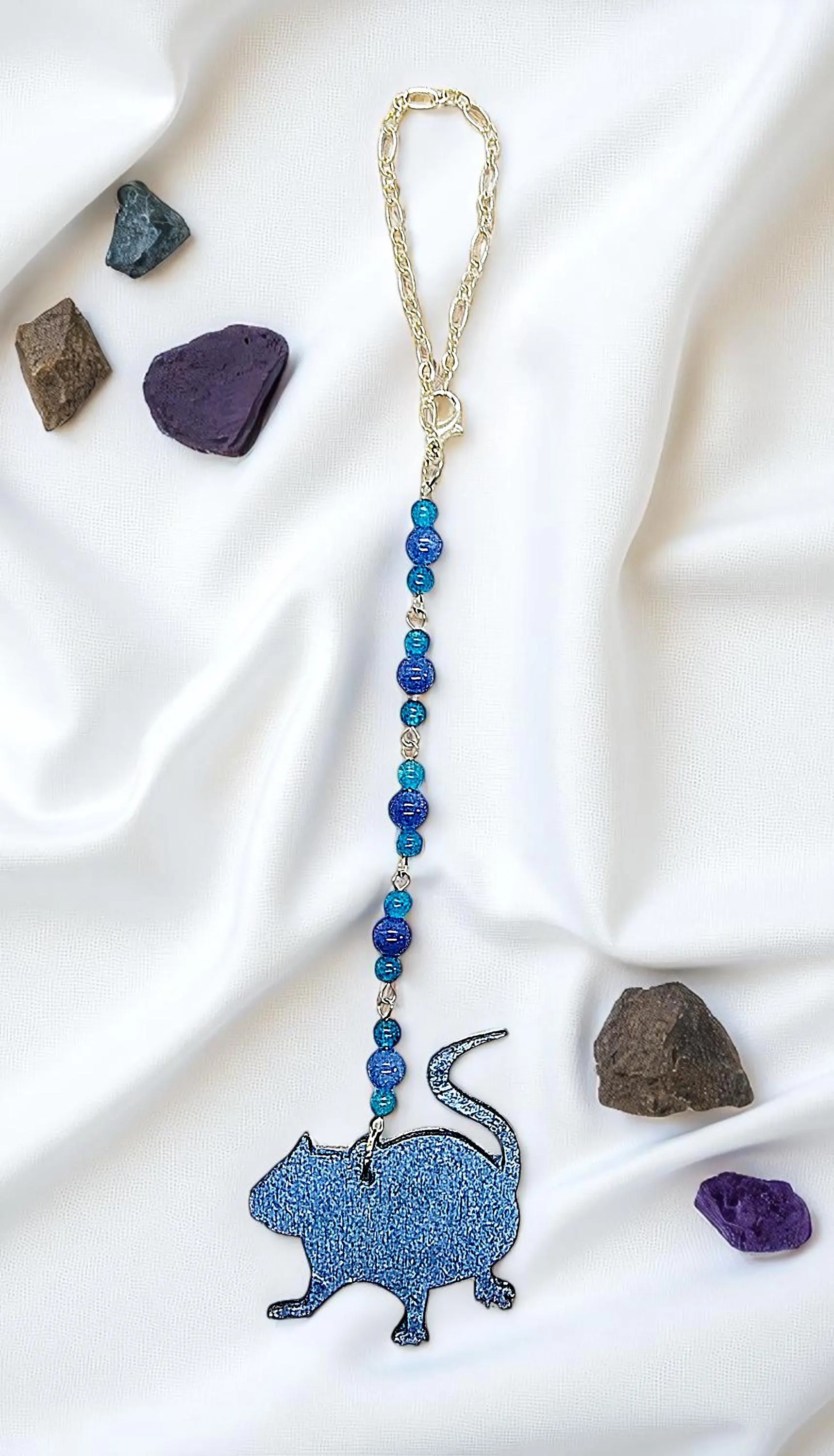 Blue Kyanite & Chalcedony Gemstone Fancy Rat Hanging Rearview Mirror Car Charm
