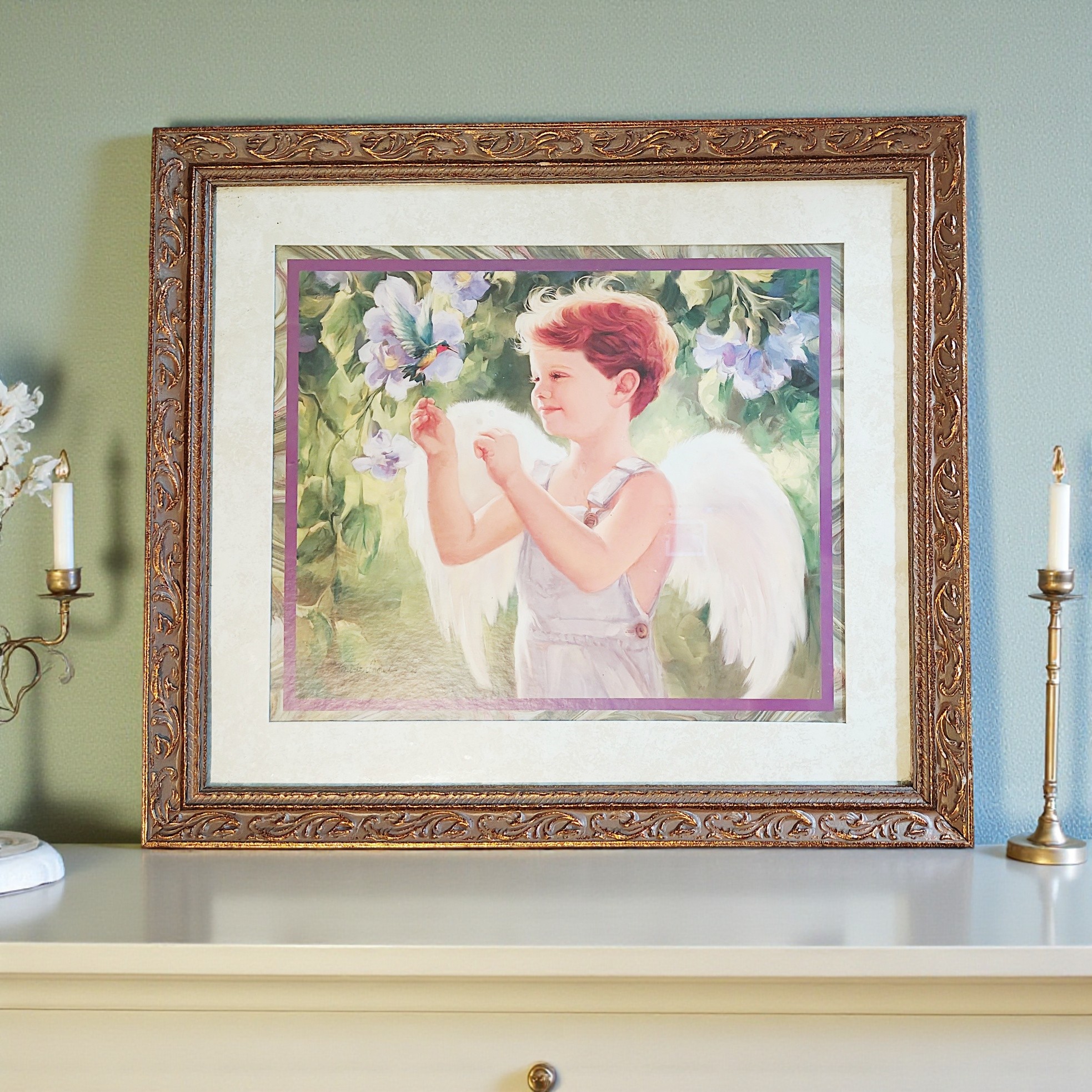 Vintage Gold Framed Boy Angel With Hummingbird Matted Print Wall Hanging