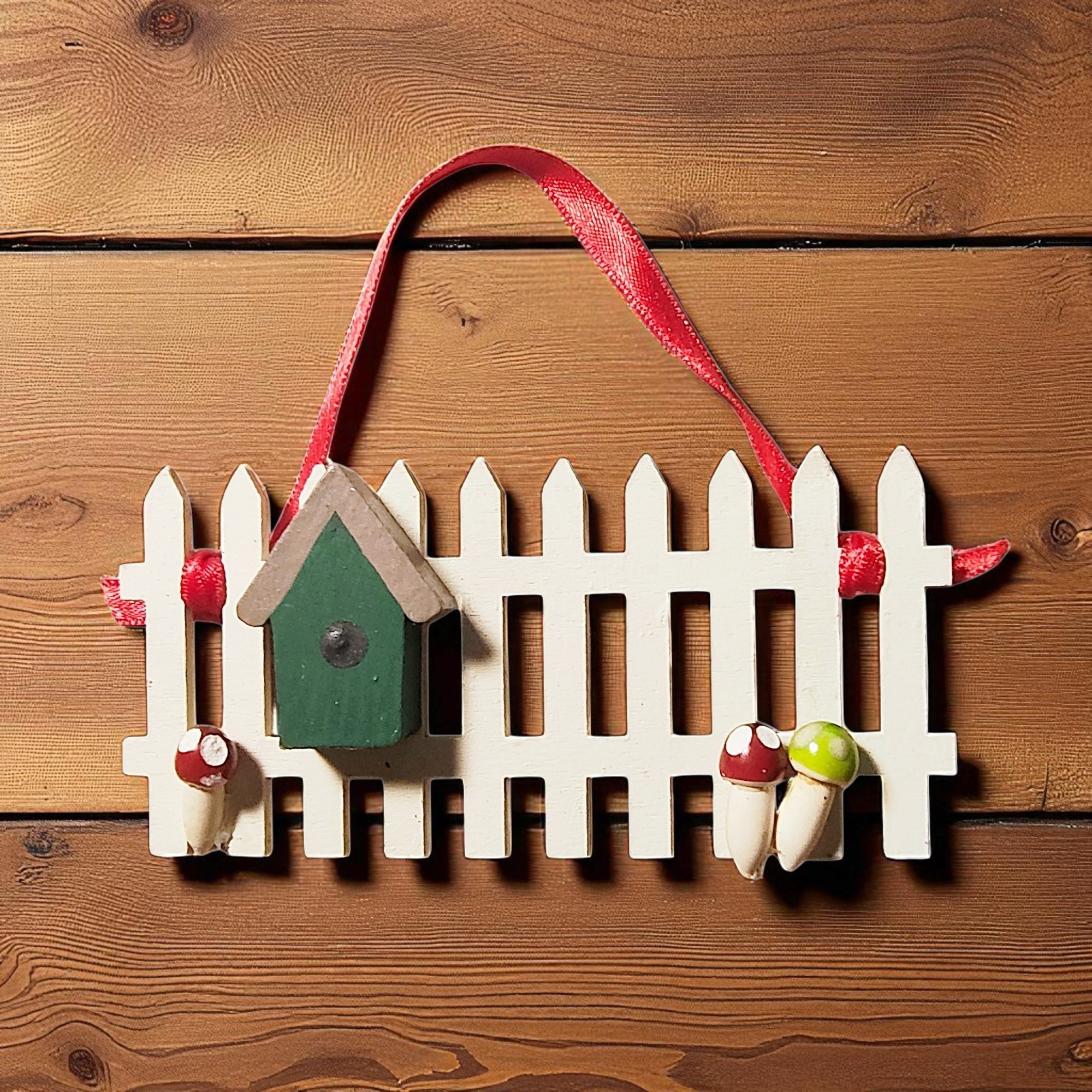 Wooden Picket Fence with Birdhouse Ornament