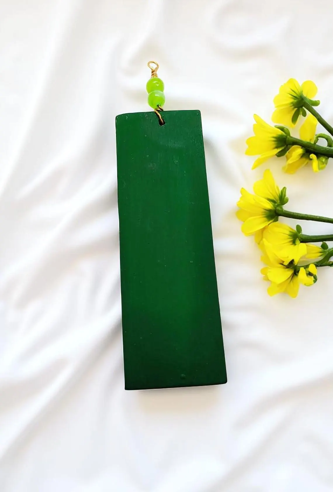 Large Hand Painted Wooden Sunflower Pendant Green Background with Gemstone Bead Accent