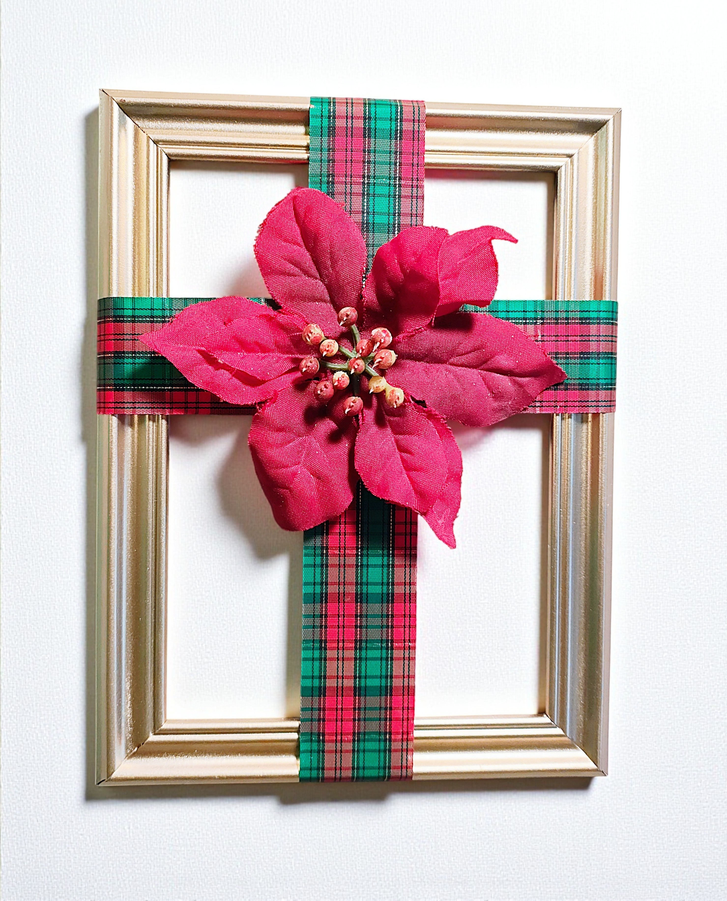 Gold Christmas Ribbon Cross Frame Wall Hanging with Poinsettia
