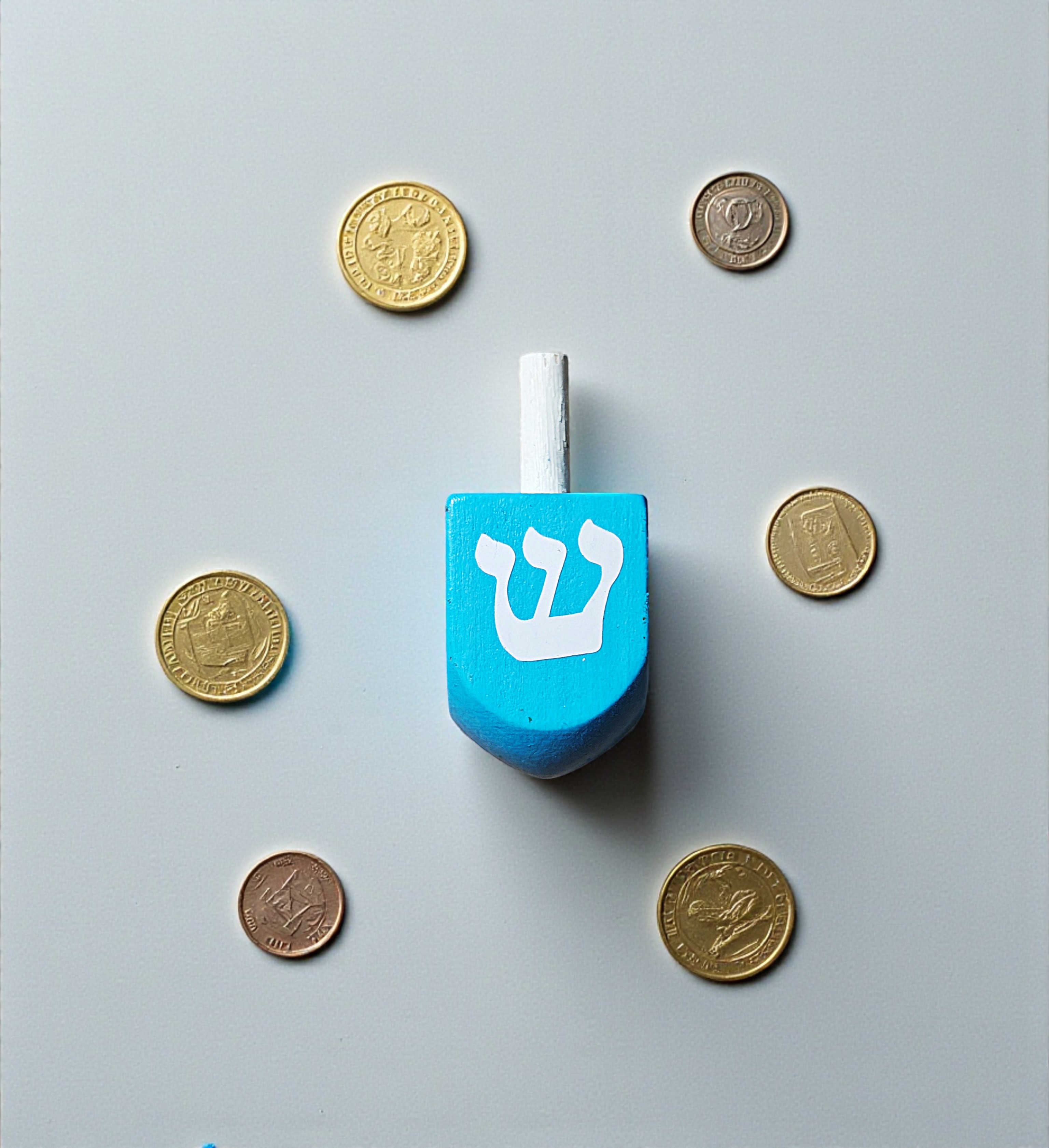 Hand Painted Wooden Blue & White Hanukkah Dreidel Game