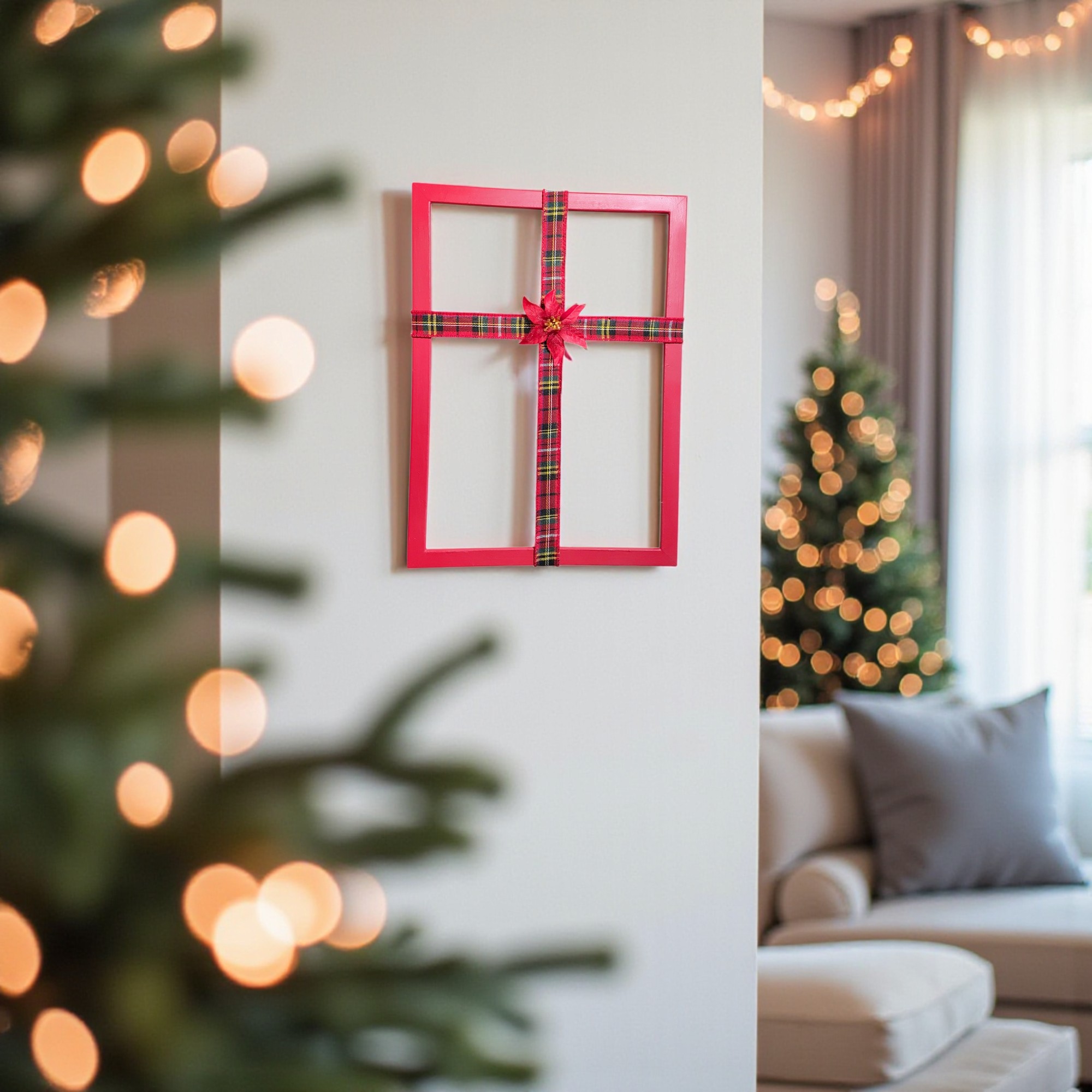 Christmas Ribbon Cross Frame Wall Hanging with Poinsettia